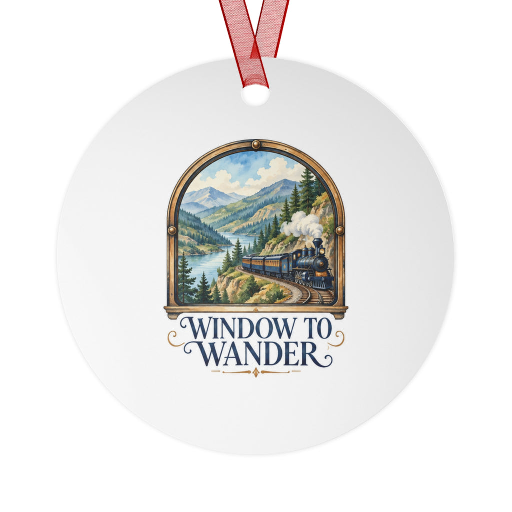 Window to Wander Train Journey Round Metal Ornament | Travel Gift