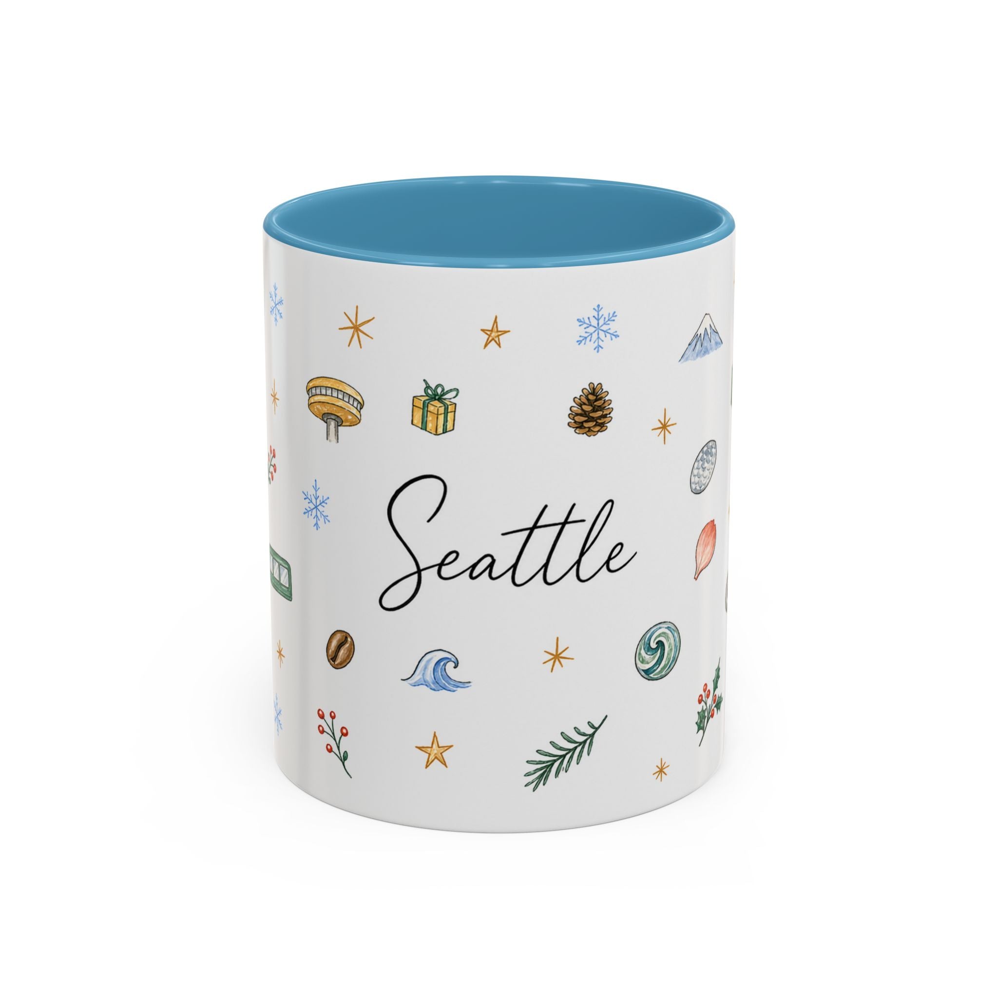 Seattle Christmas Mug | Watercolor Travel Souvenir | Holiday Gift | Accent Ceramic Coffee Cup 11oz 15oz