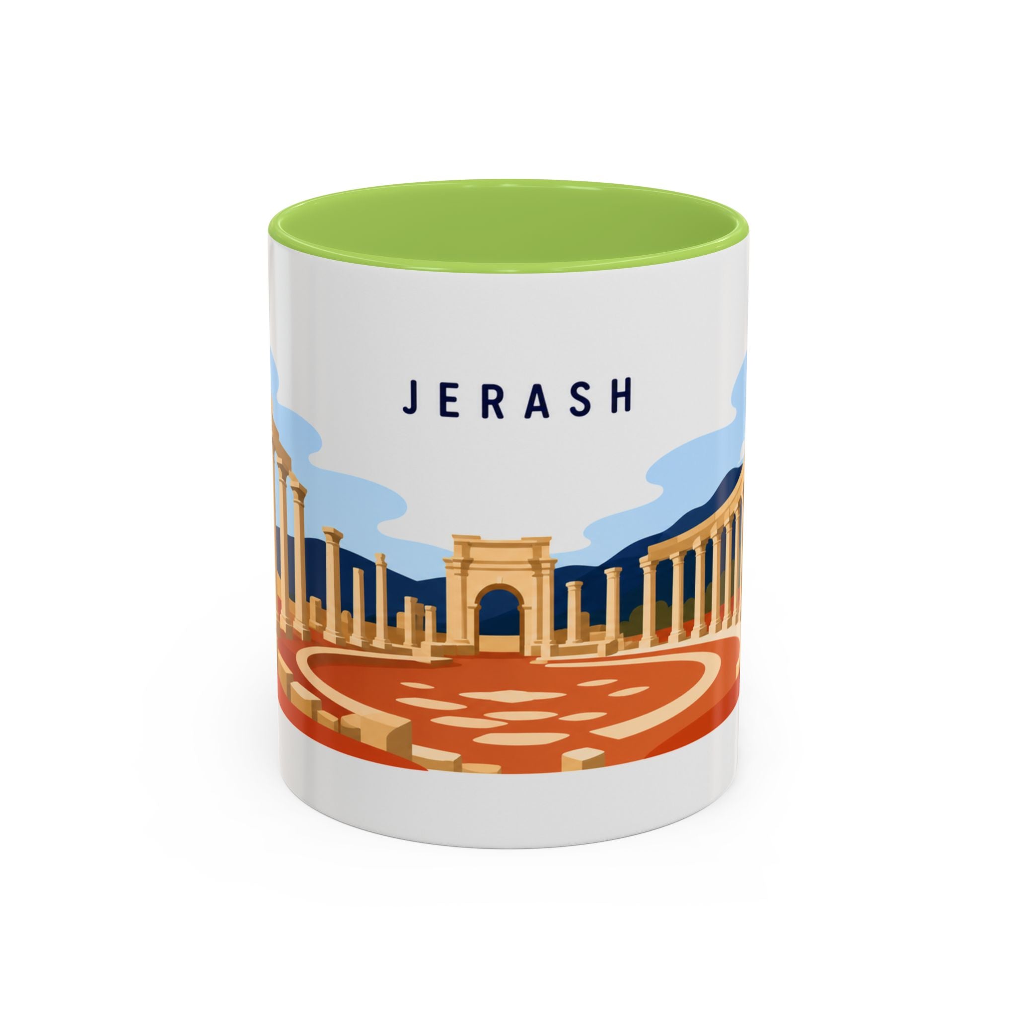 Jerash Coffee Mug | Travel Destination Souvenir Gift | Accent Color Ceramic 11oz 15oz