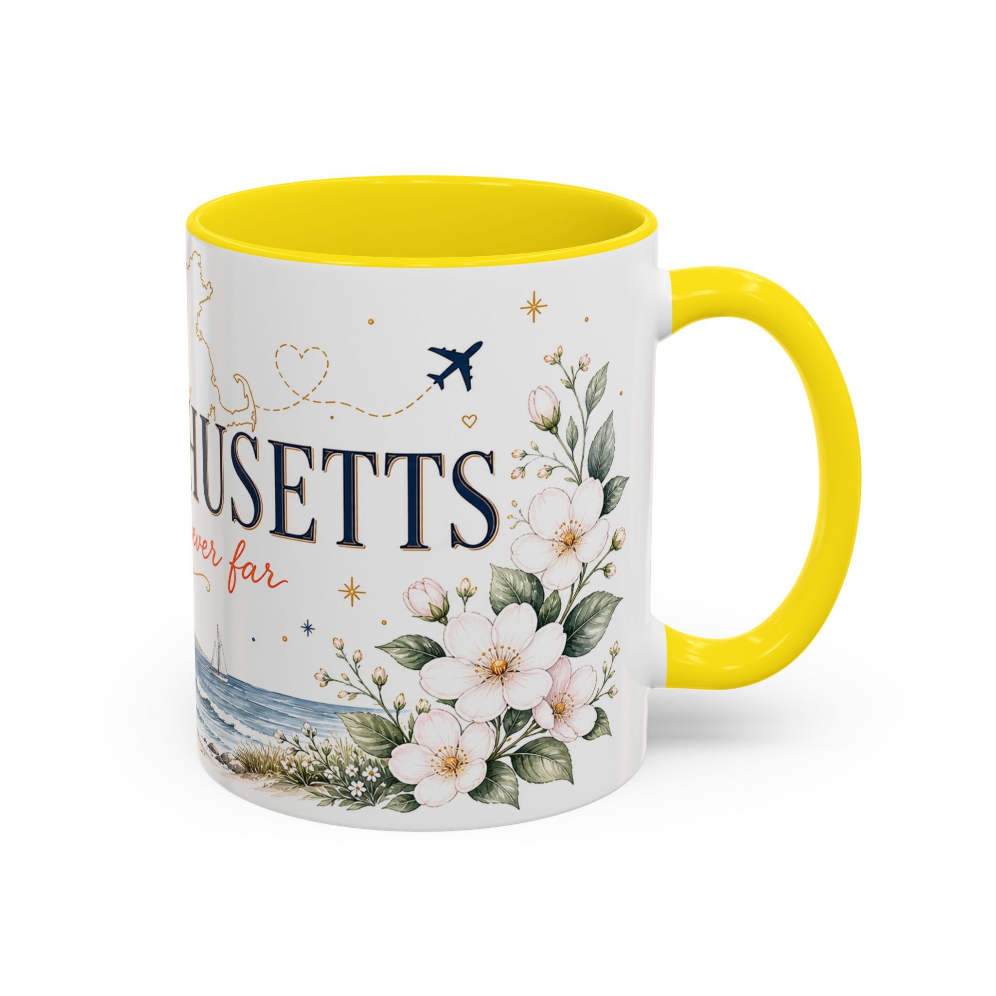 Massachusetts State Map Mug | Coastal Scene, Botanical Accents (11oz, 15oz)