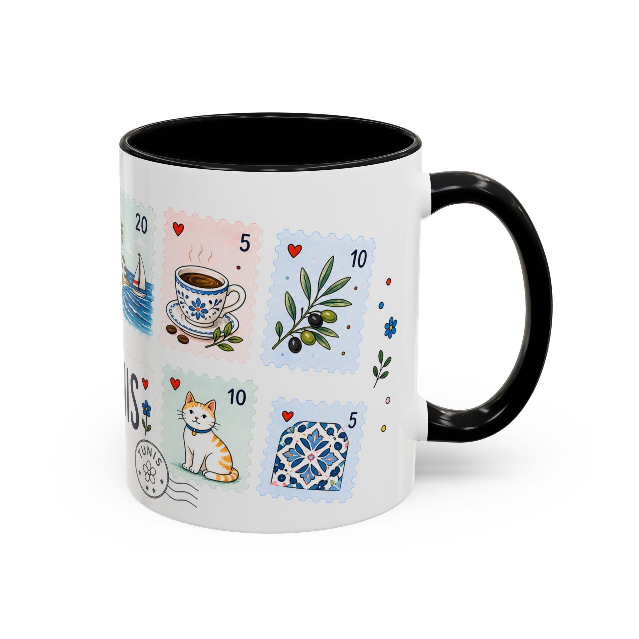 Tunis Coffee Mug | Postage Stamp Collage Mug | Travel Souvenir Accent Cup 11oz 15oz
