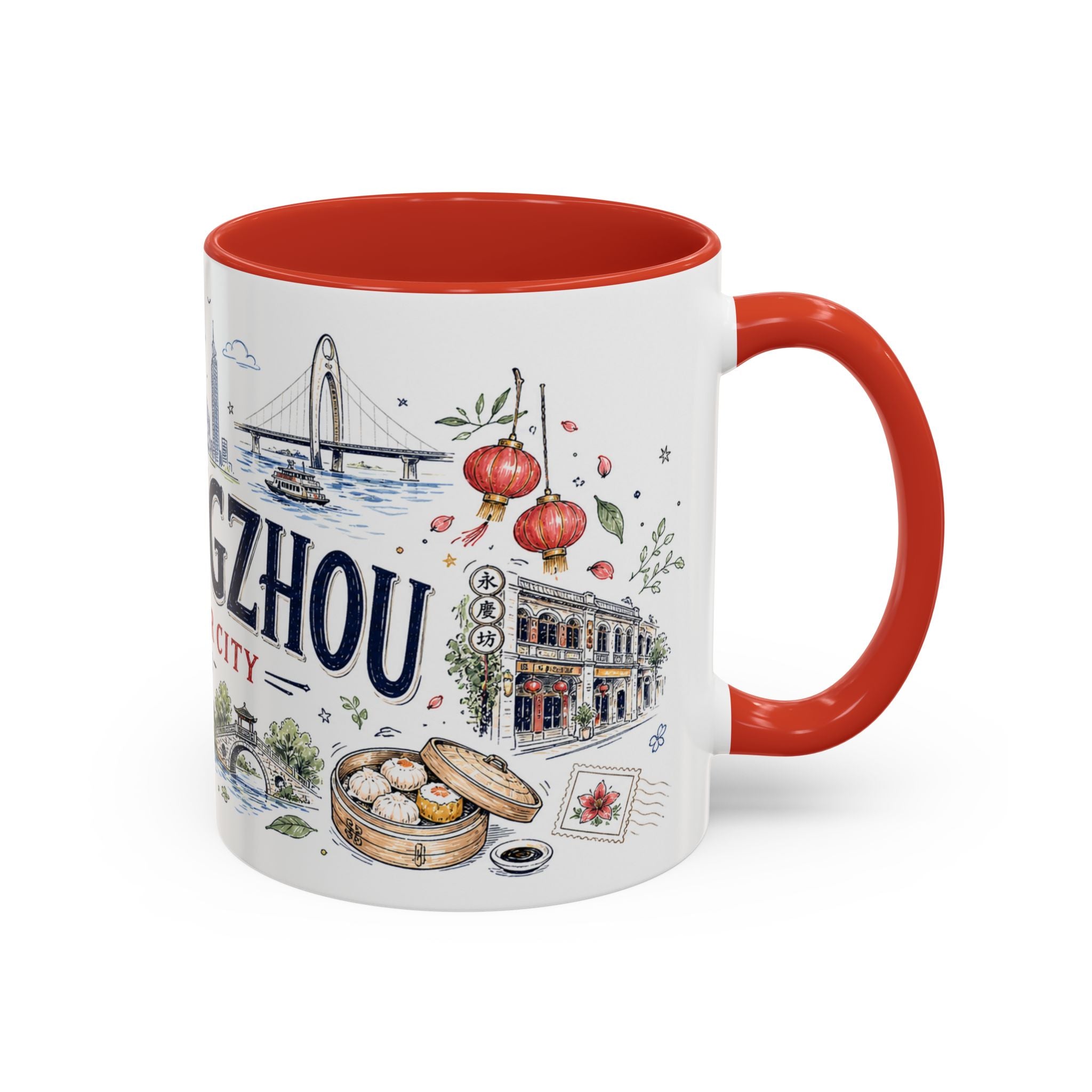 Guangzhou Coffee Mug | China Souvenir Travel Gift | Accent Color Ceramic 11oz 15oz