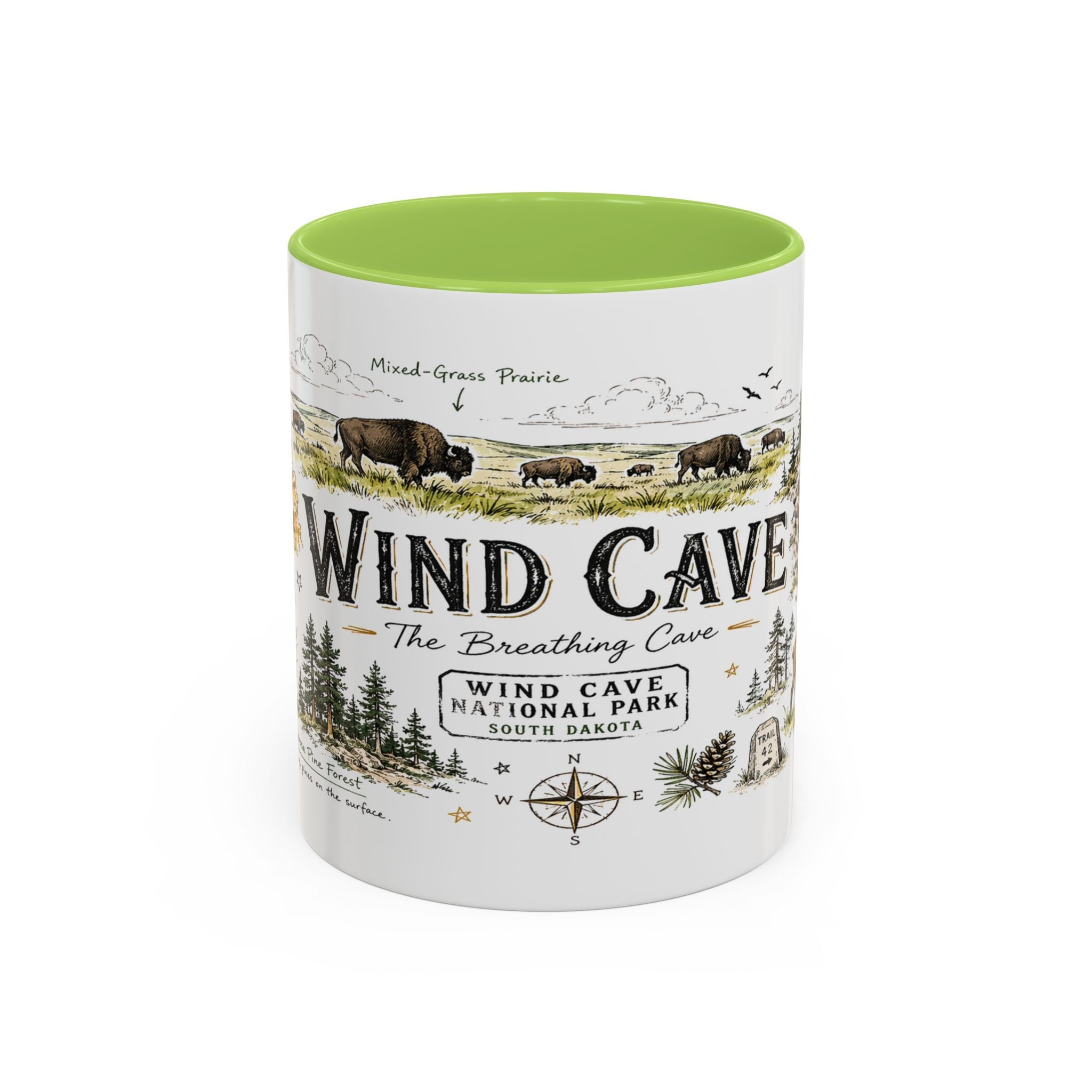 Wind Cave National Park Coffee Mug | South Dakota Cave Bison Prairie Gift | Accent Color Ceramic 11oz 15oz