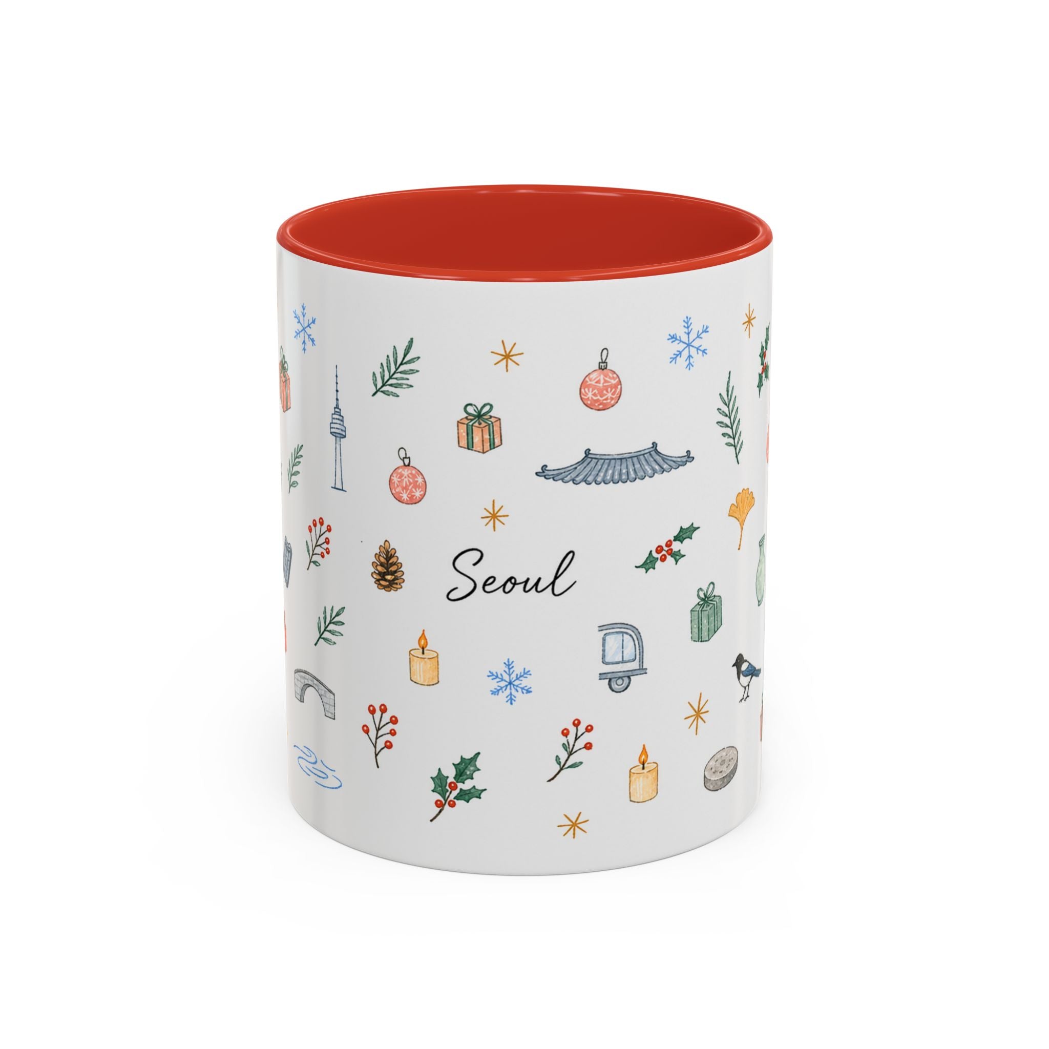 Seoul Christmas Mug | Watercolor Travel Souvenir | Holiday Gift | Accent Ceramic Coffee Cup 11oz 15oz