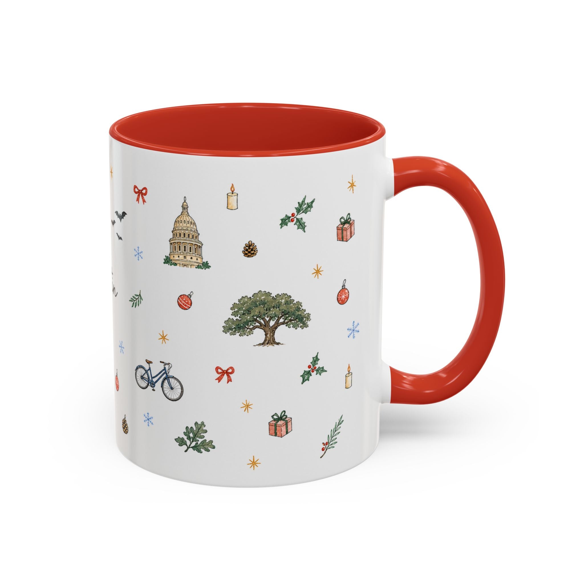 Austin Christmas Mug | Watercolor Travel Souvenir | Holiday Gift | Accent Ceramic Coffee Cup 11oz 15oz