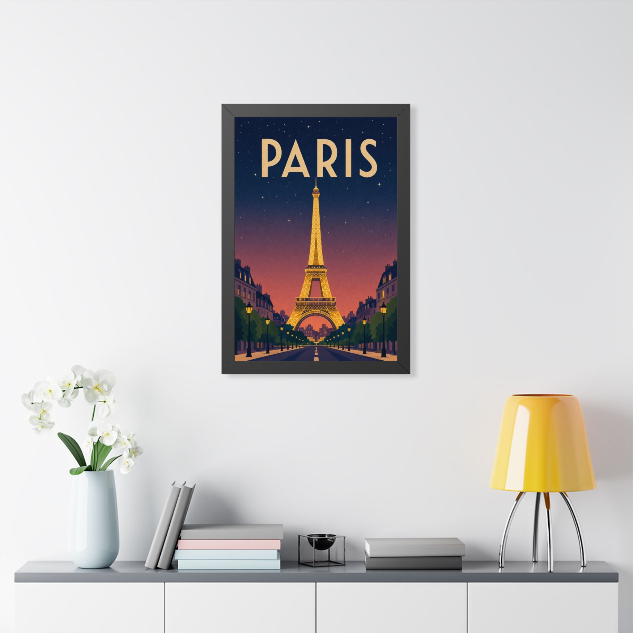 Paris at Night France Framed Poster | Vintage Travel Wall Art | Black Walnut White Frame | 16x24 20x30