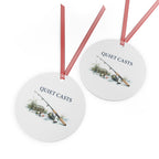 Front and back views of the double-sided round ornament with fishing artwork.