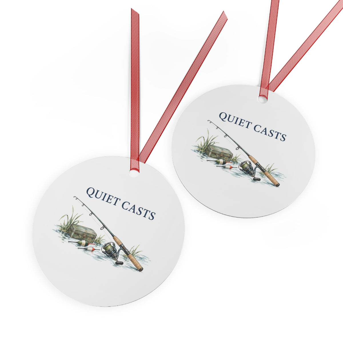 Front and back views of the double-sided round ornament with fishing artwork.