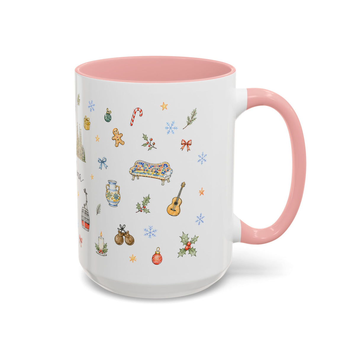 Barcelona Christmas Mug | Watercolor City Souvenir, Ceramic Coffee Cup (11oz/15oz)