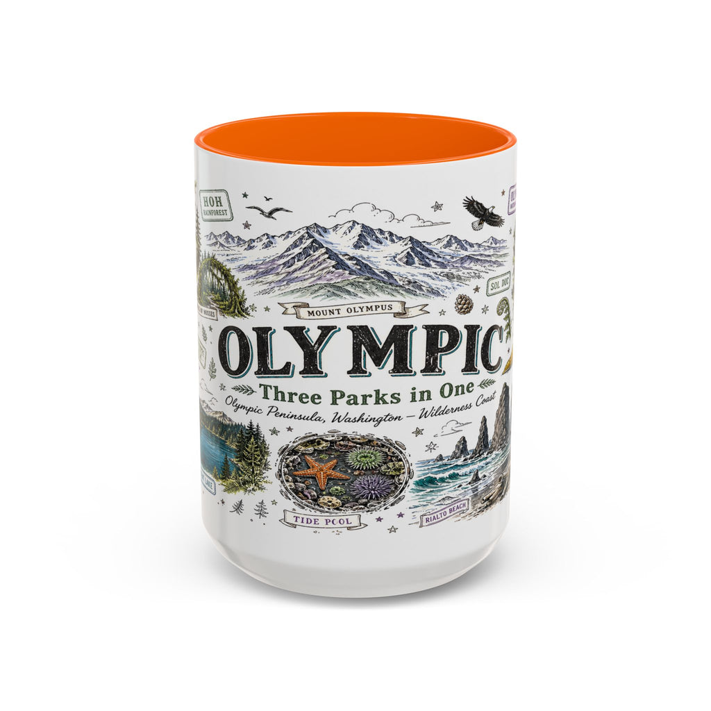 Olympic Coffee Mug | National Park Hiking Rainforest Gift | Accent Color Ceramic 11oz 15oz