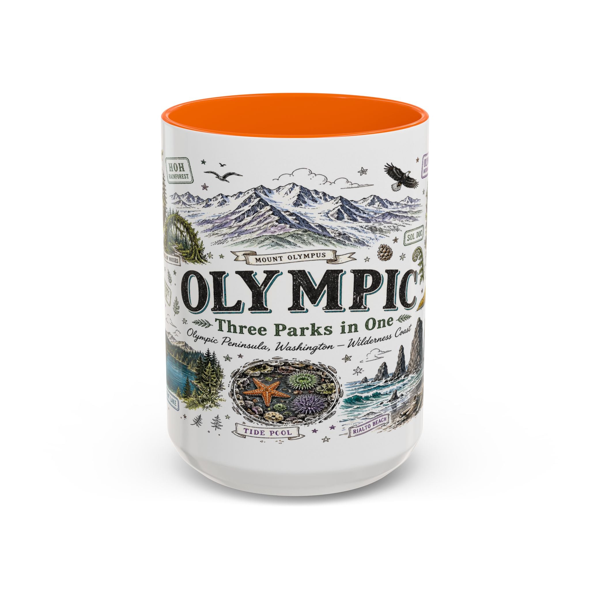 Olympic Coffee Mug | National Park Hiking Rainforest Gift | Accent Color Ceramic 11oz 15oz