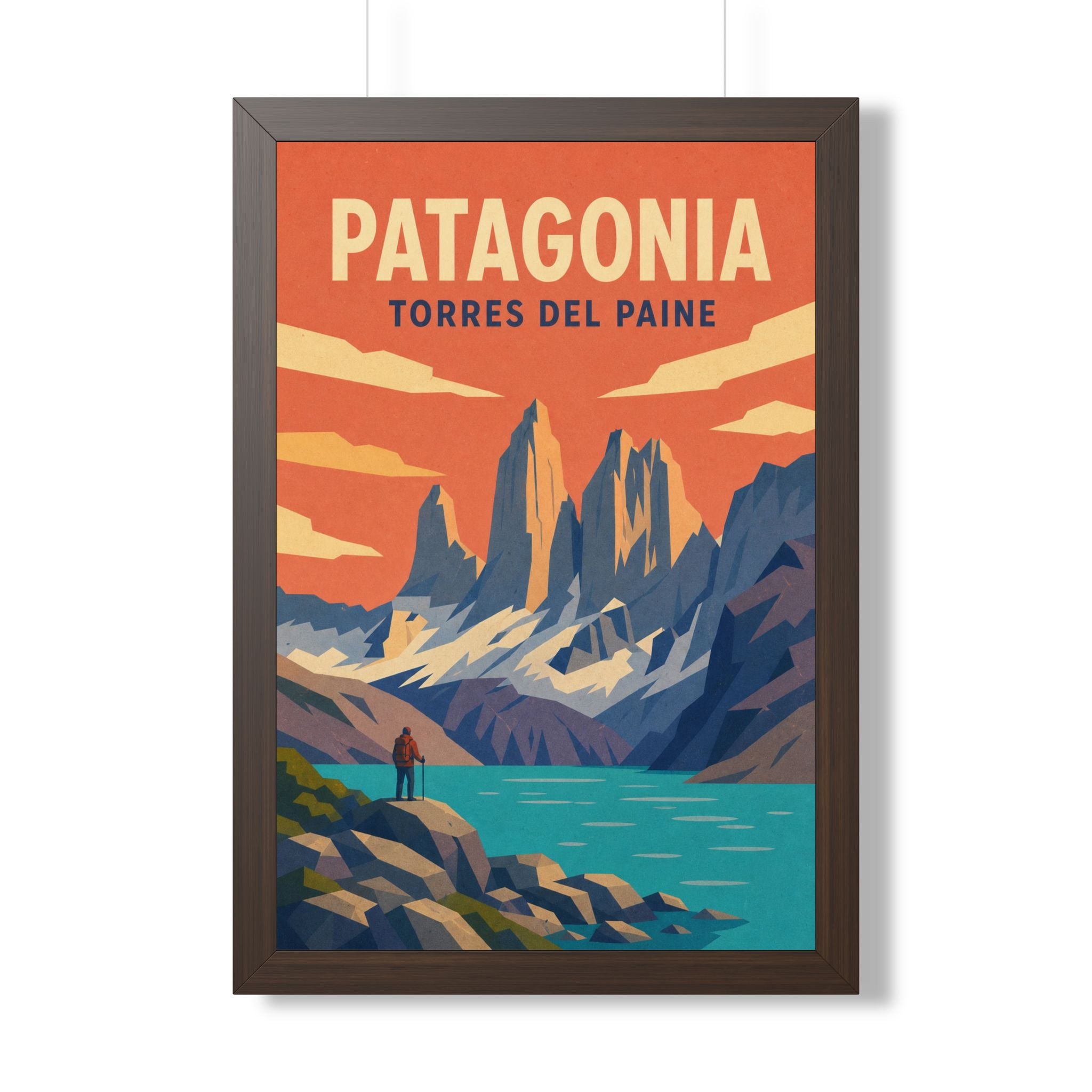 Torres del Paine Chile Framed Poster | Vintage Travel Wall Art | Black Walnut White Frame | 16x24 20x30