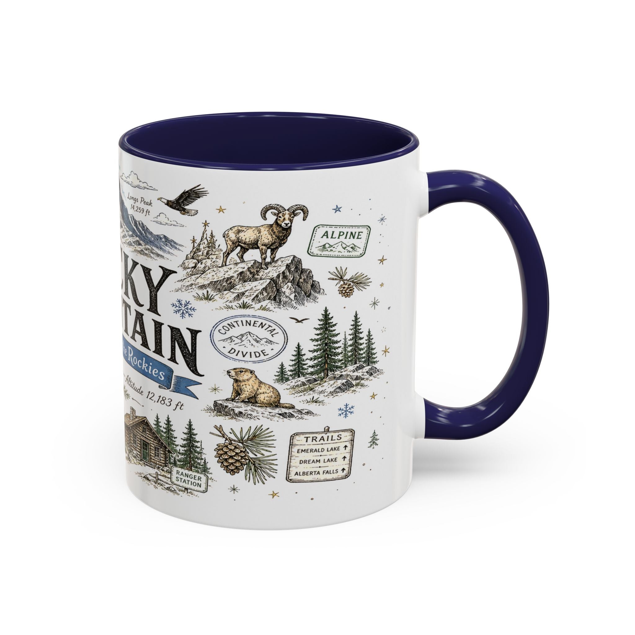 Rocky Mountain Coffee Mug | National Park Hiking Camping Gift | Accent Color Ceramic 11oz 15oz