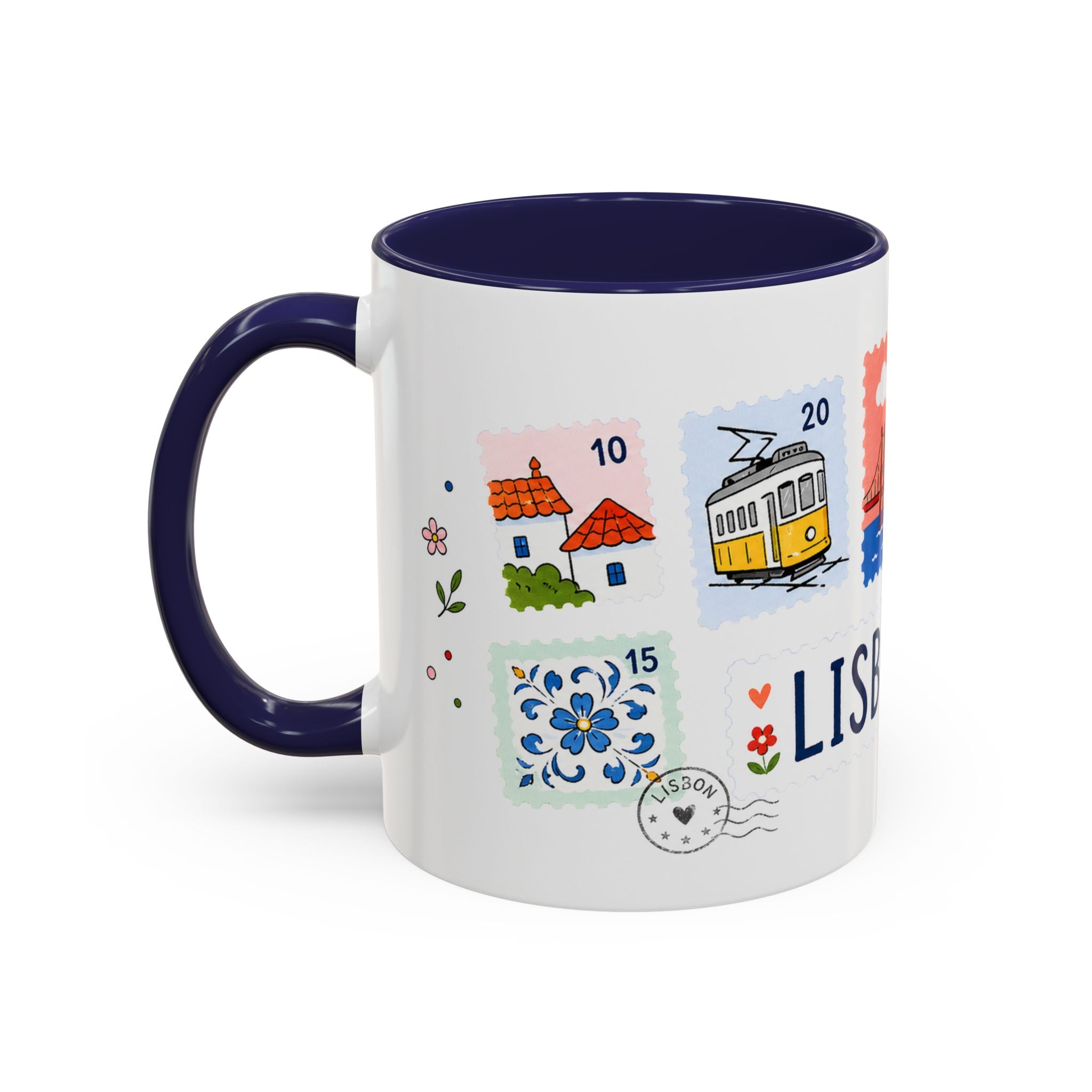 Lisbon Coffee Mug | Postage Stamp Collage Mug | Travel Souvenir Accent Cup 11oz 15oz