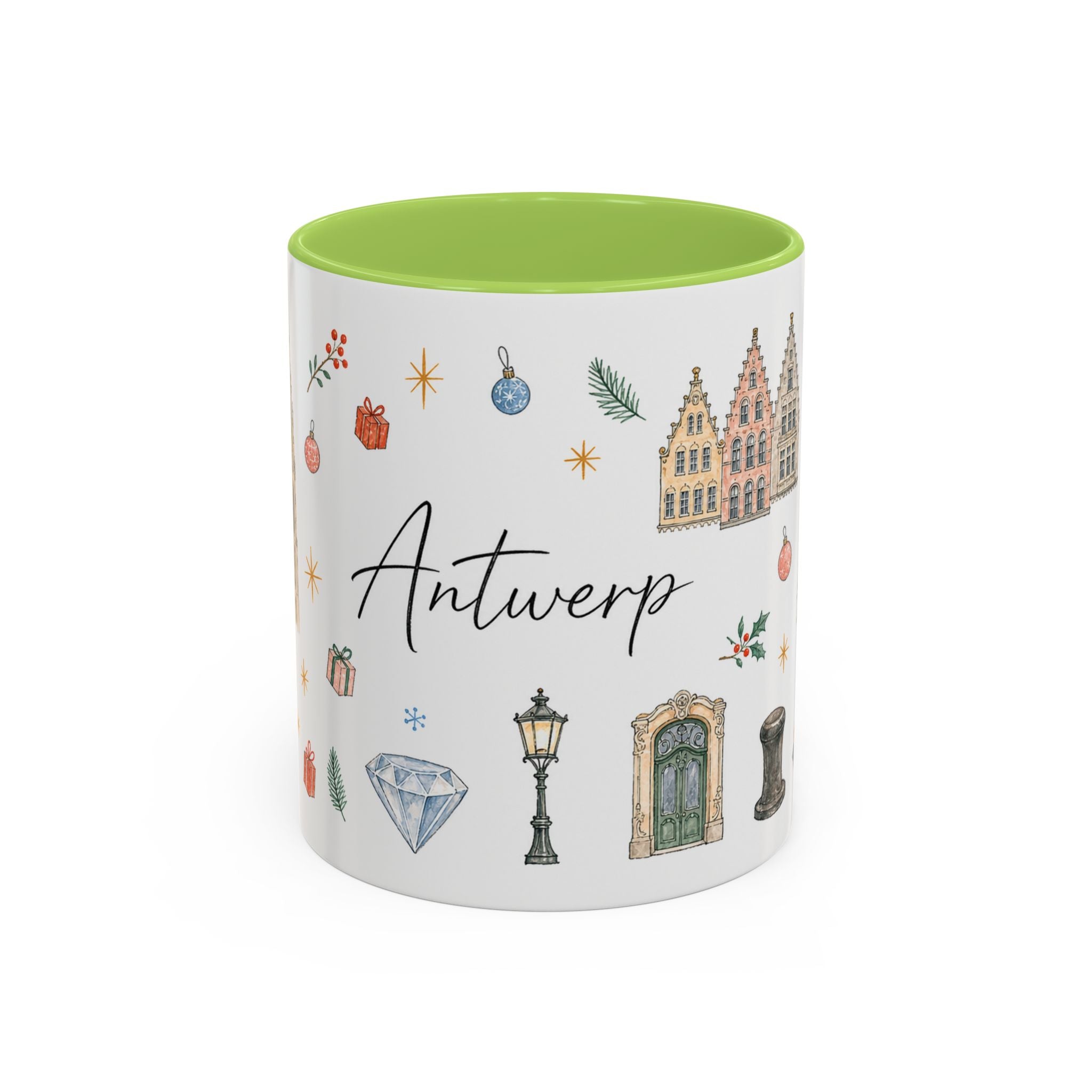 Antwerp Christmas Mug | Watercolor Travel Souvenir | Holiday Gift | Accent Ceramic Coffee Cup 11oz 15oz