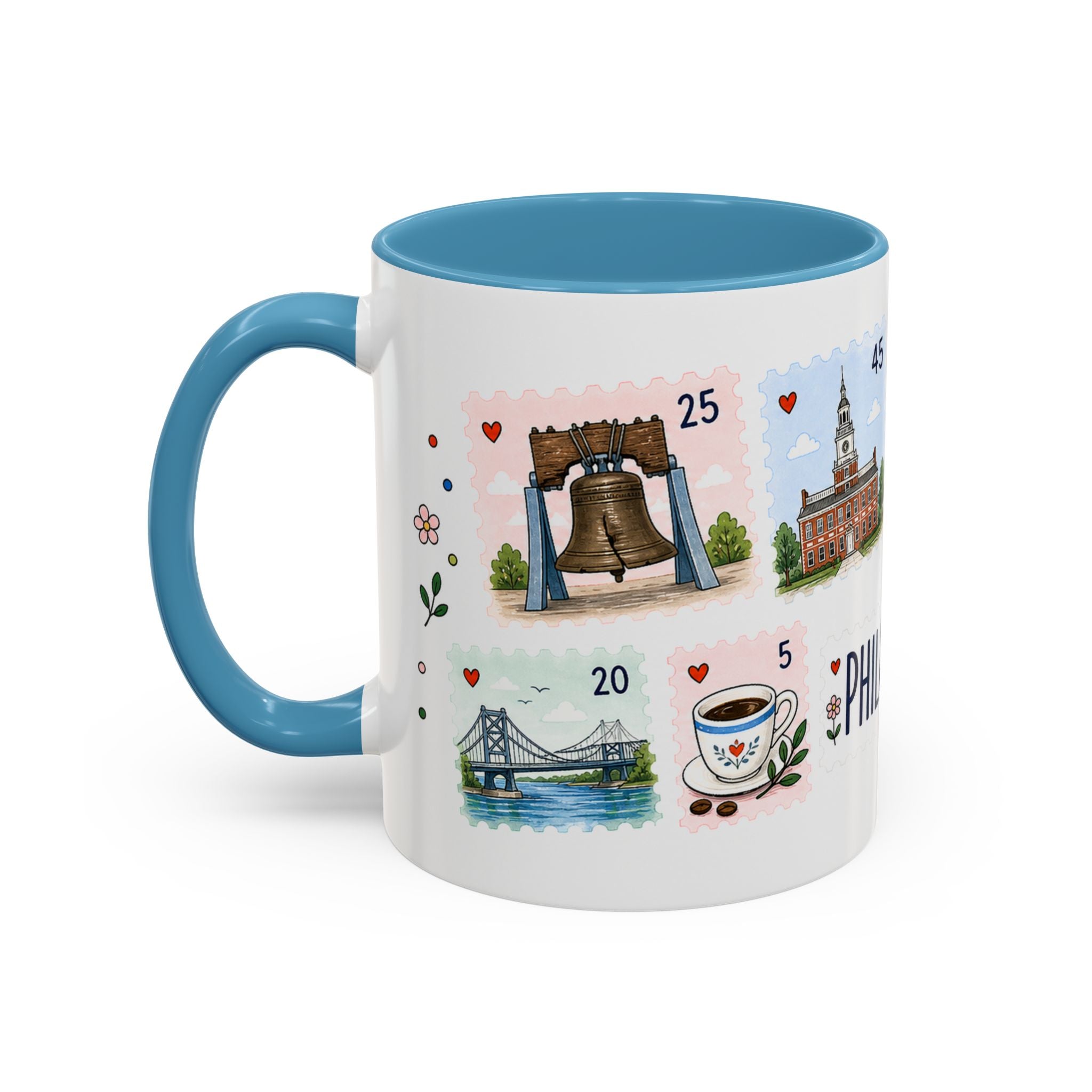 Philadelphia Coffee Mug | Postage Stamp Collage Mug | Travel Souvenir Accent Cup 11oz 15oz