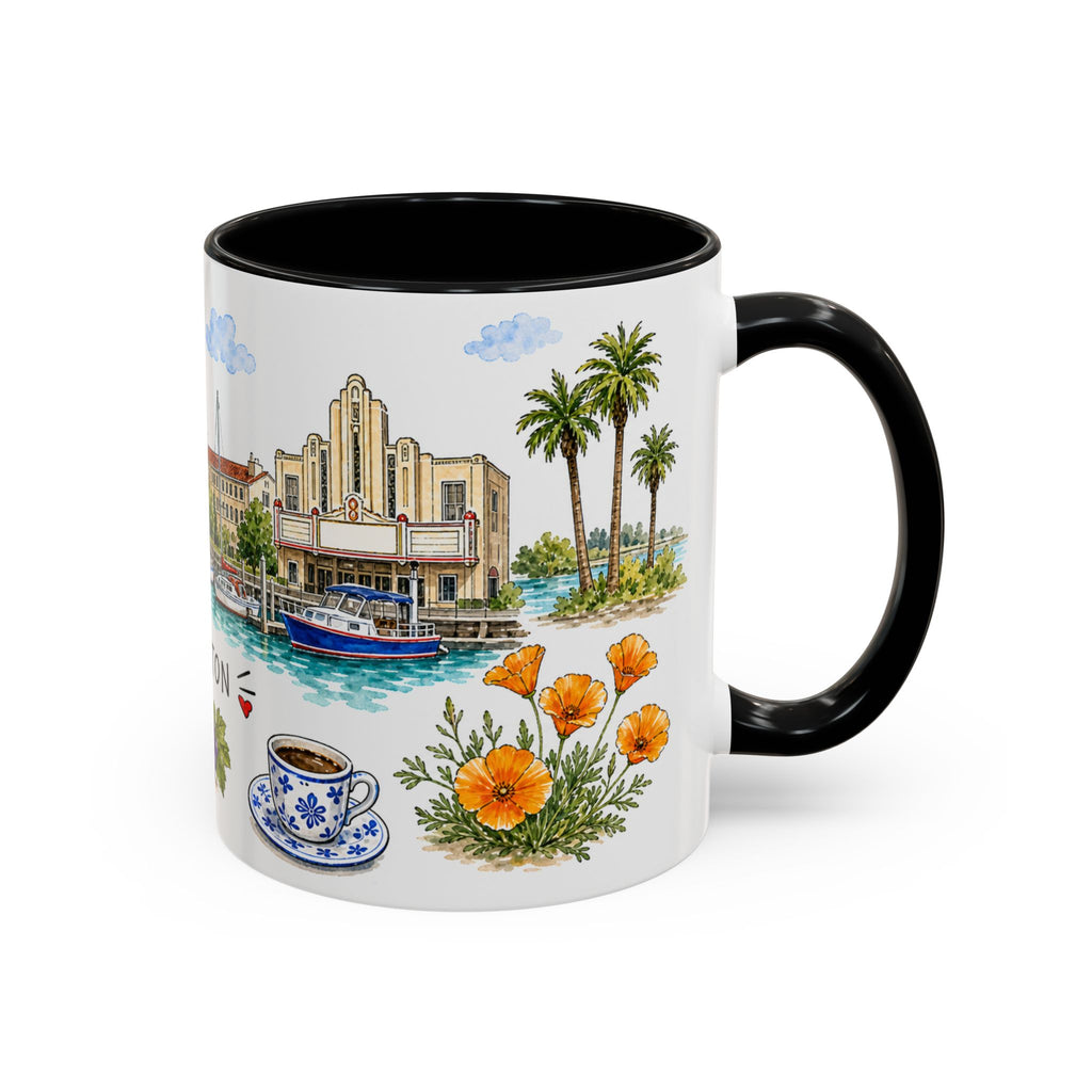 Stockton Illustrated Travel Mug | City Souvenir Accent Coffee Mug | 11oz 15oz Ceramic Cup
