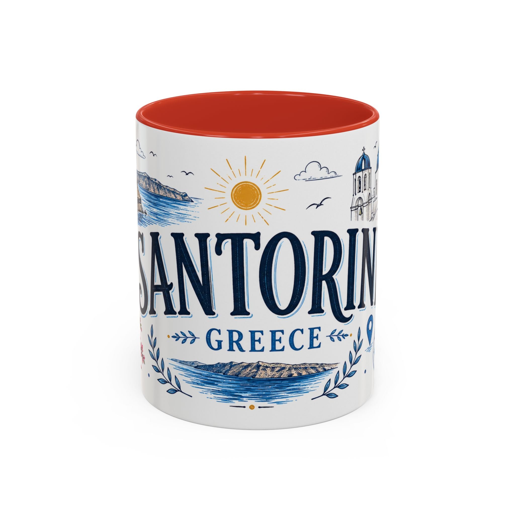 Santorini Coffee Mug | Travel Destination Souvenir Gift | Accent Color Ceramic 11oz 15oz