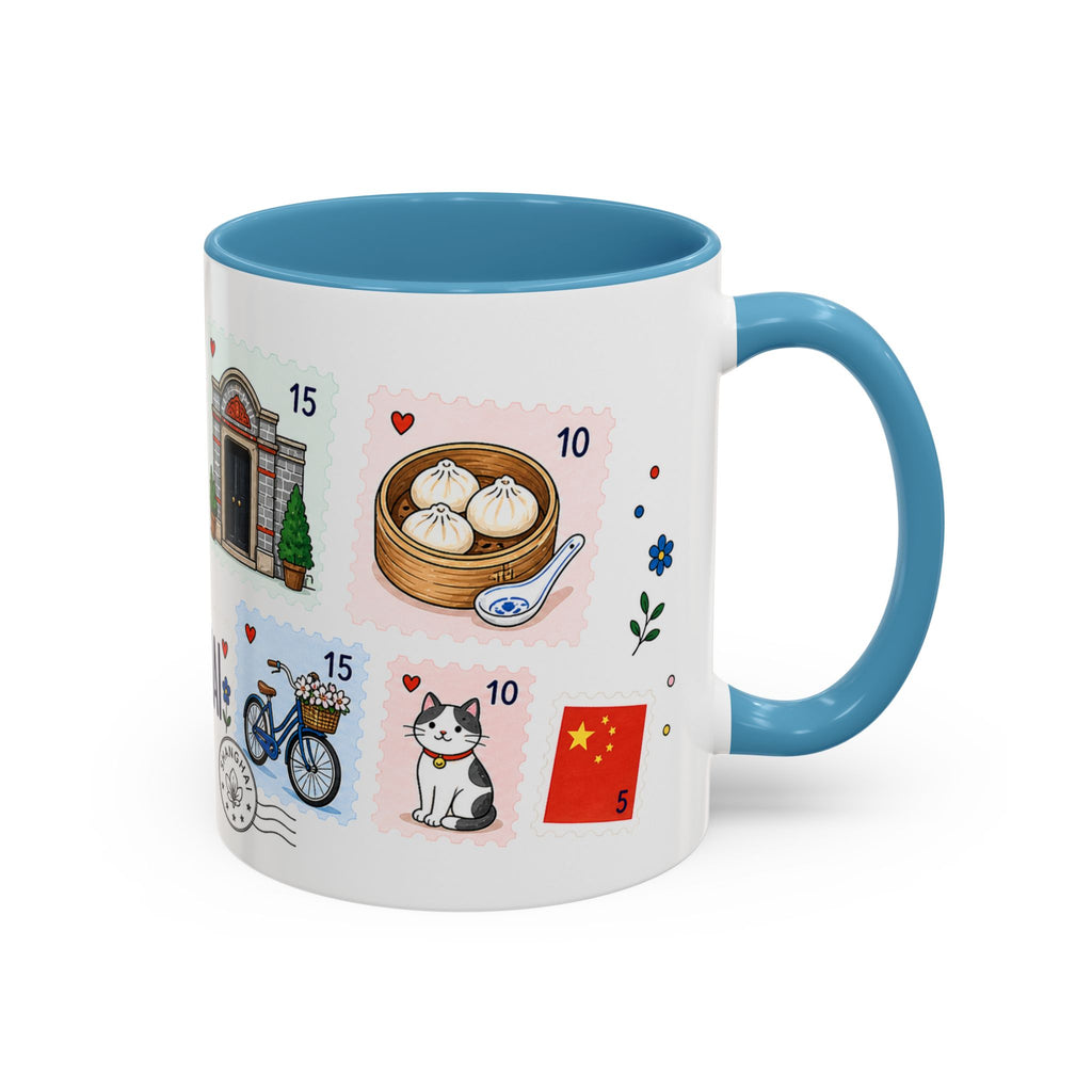 Shanghai Coffee Mug | Postage Stamp Collage Mug | Travel Souvenir Accent Cup 11oz 15oz