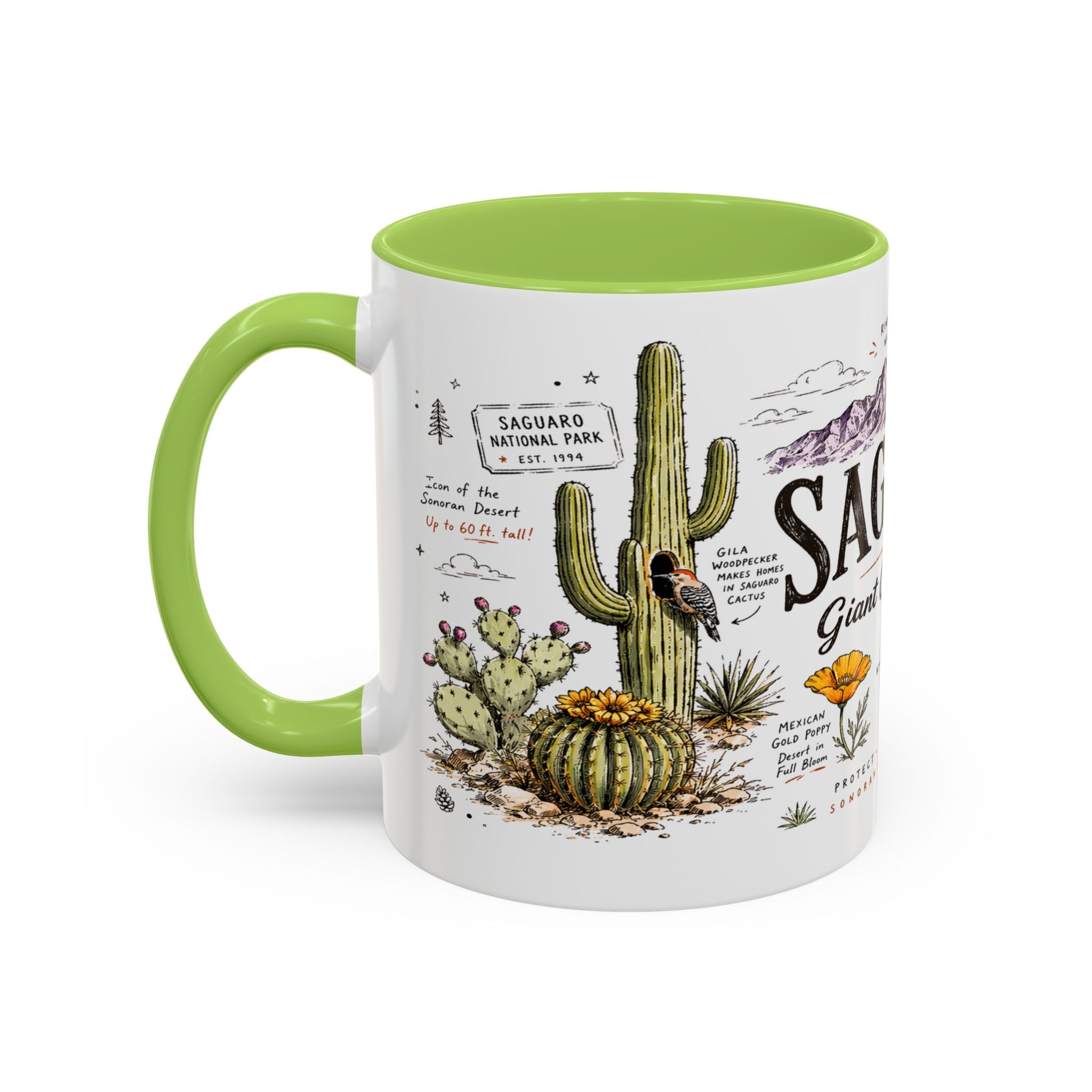 Saguaro National Park Coffee Mug | Arizona Desert Cactus Sunset Gift | Accent Color Ceramic 11oz 15oz