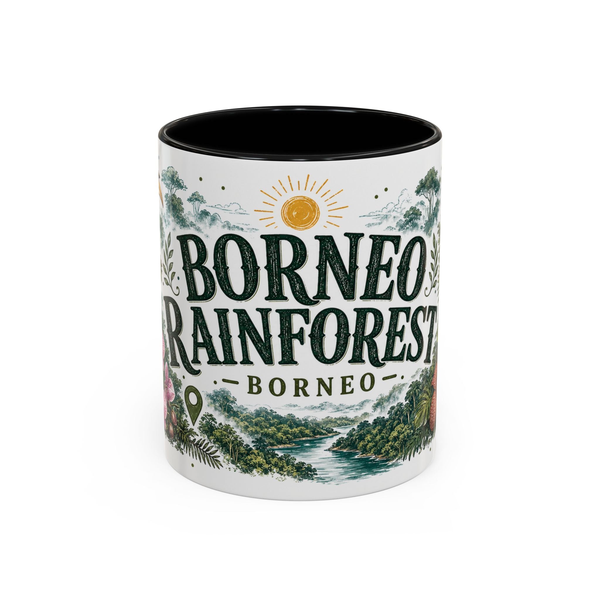 Borneo Rainforest Coffee Mug | Travel Destination Souvenir Gift | Accent Color Ceramic 11oz 15oz