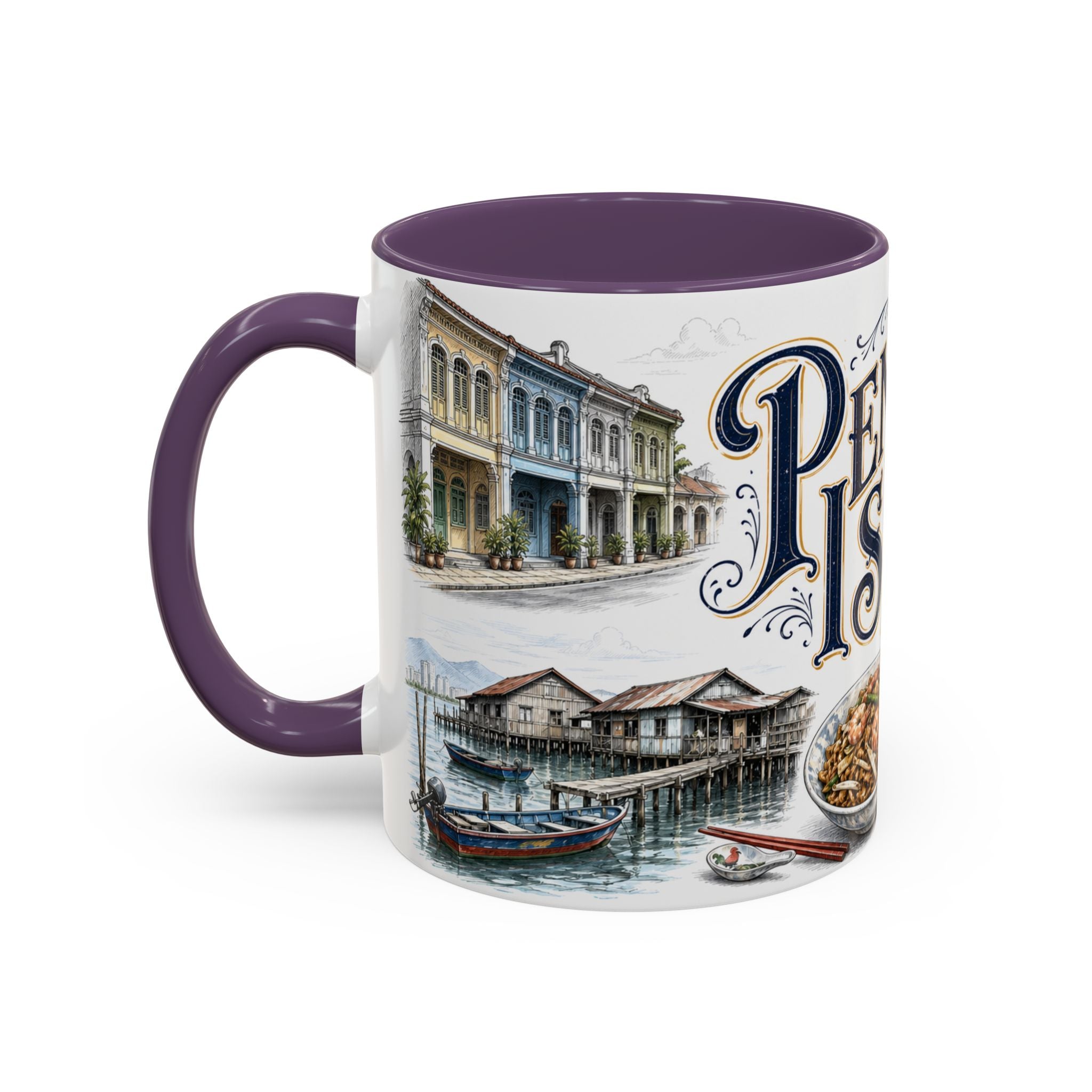 Penang Island Coffee Mug | Malaysia Travel Souvenir | Vintage Illustrated City Gift | 11 oz 15 oz Accent Mug