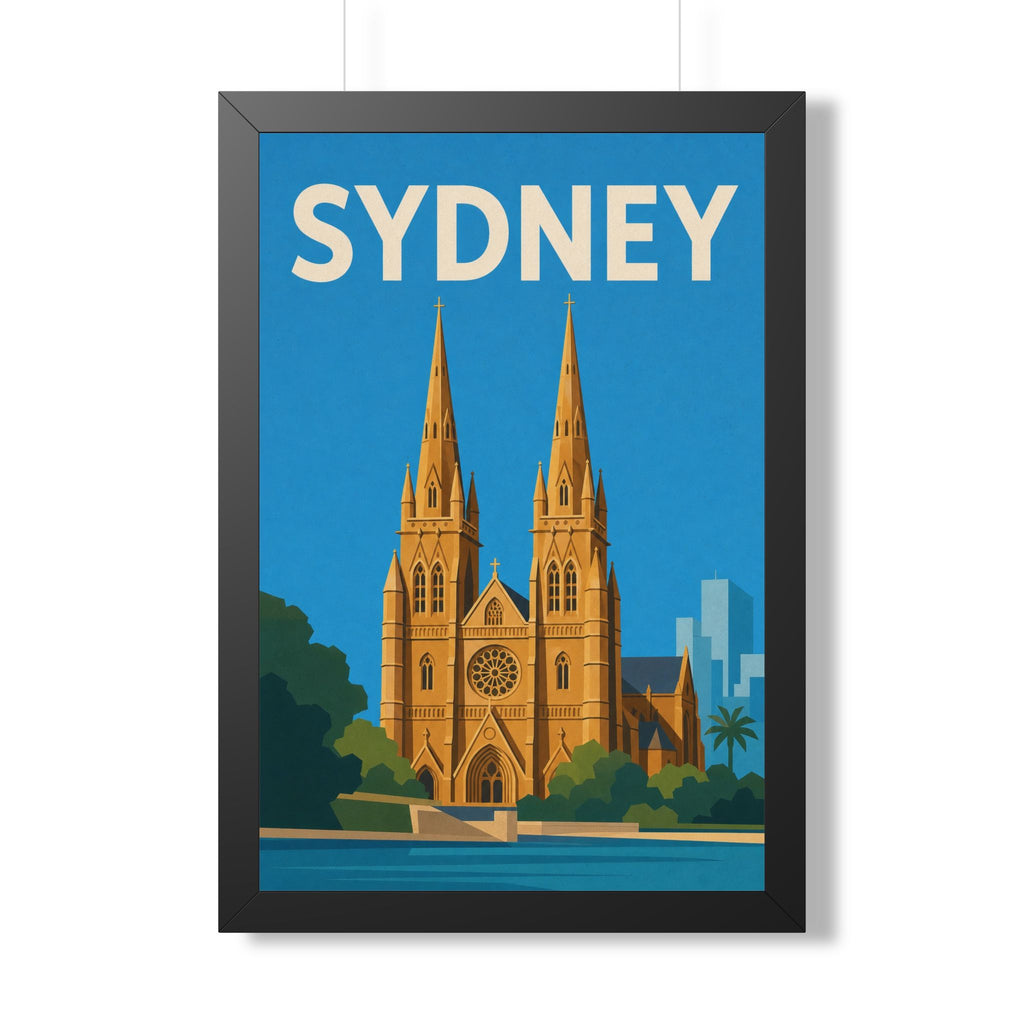 Sydney Cathedral Australia Framed Poster | Vintage Travel Wall Art | Black Walnut White Frame | 16x24 20x30