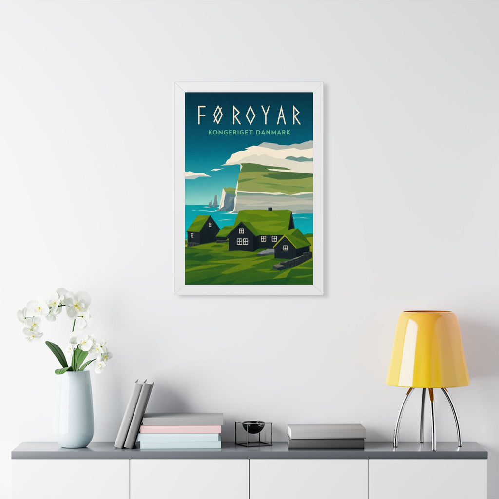 Faroe Islands Denmark Framed Poster | Vintage Travel Wall Art | Black Walnut White Frame | 16x24 20x30
