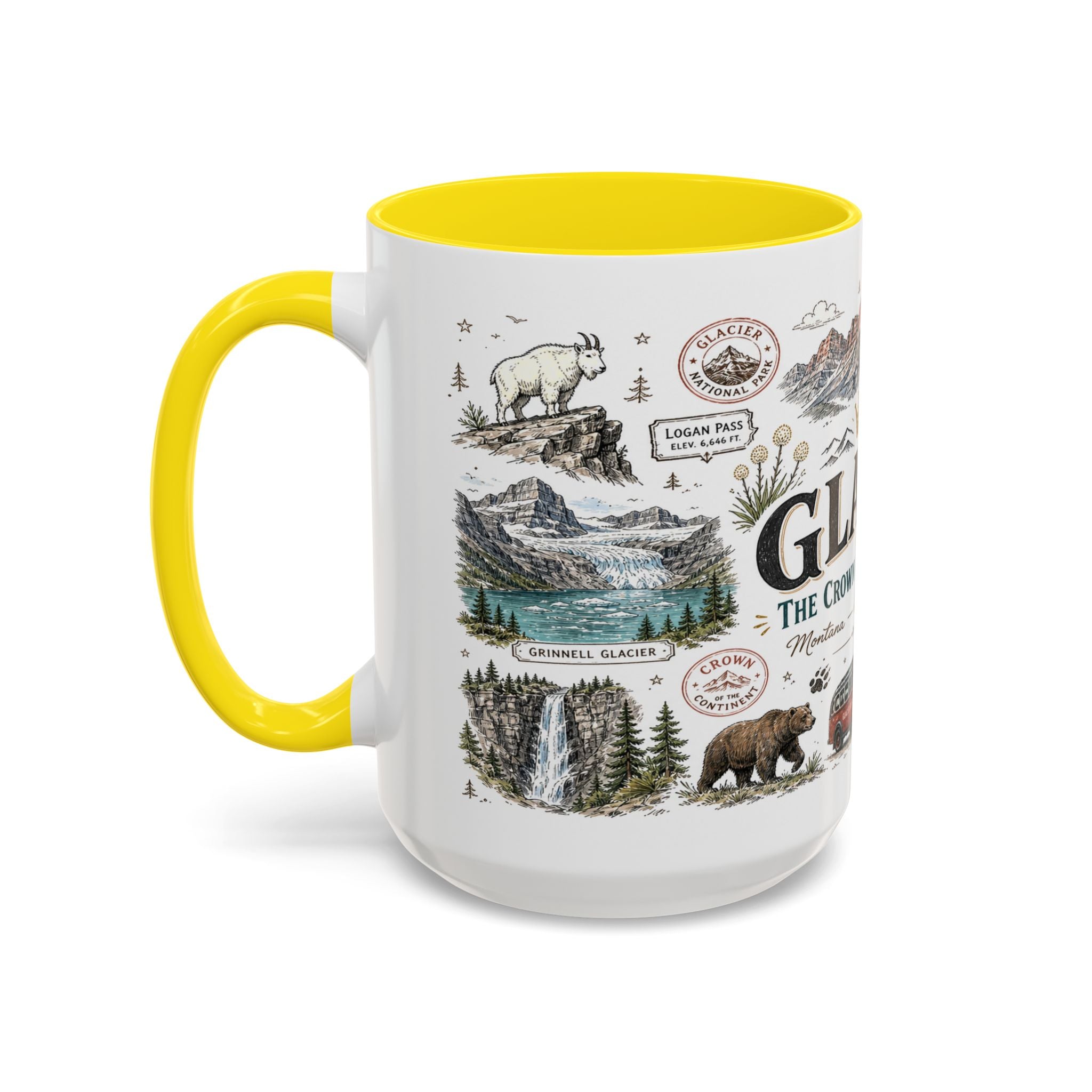 Glacier Coffee Mug | National Park Hiking Montana Gift | Accent Color Ceramic 11oz 15oz