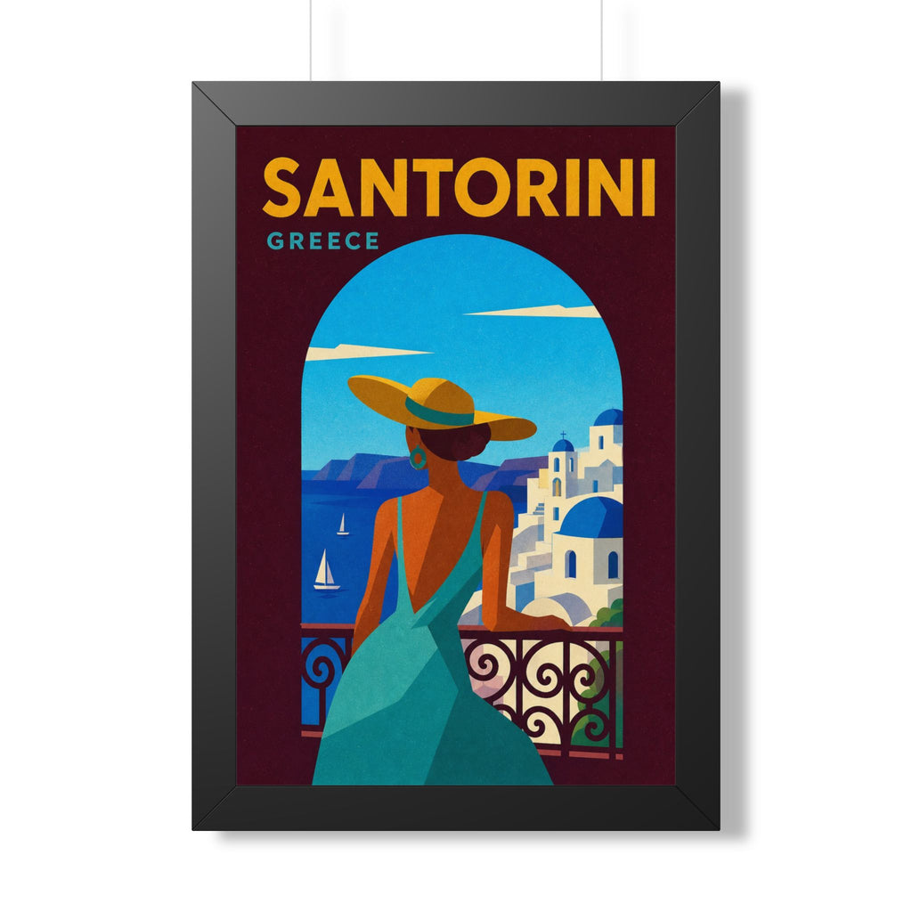 Santorini Greece Framed Poster | Vintage Travel Wall Art | Black Walnut White Frame | 16x24 20x30