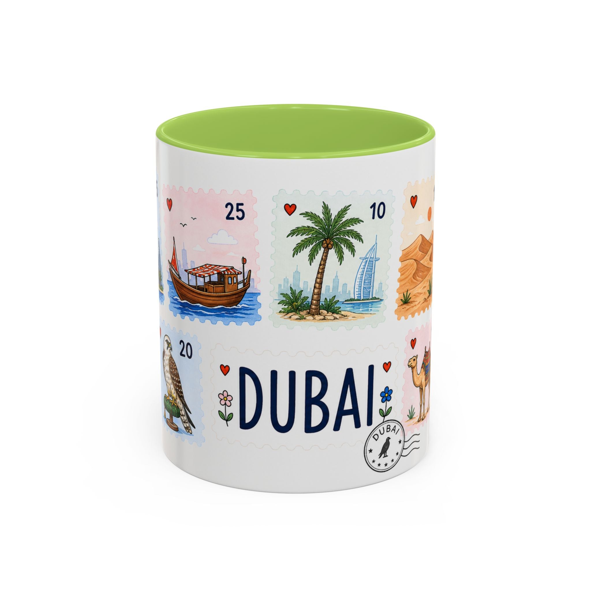 Dubai Coffee Mug | Postage Stamp Collage Mug | Travel Souvenir Accent Cup 11oz 15oz