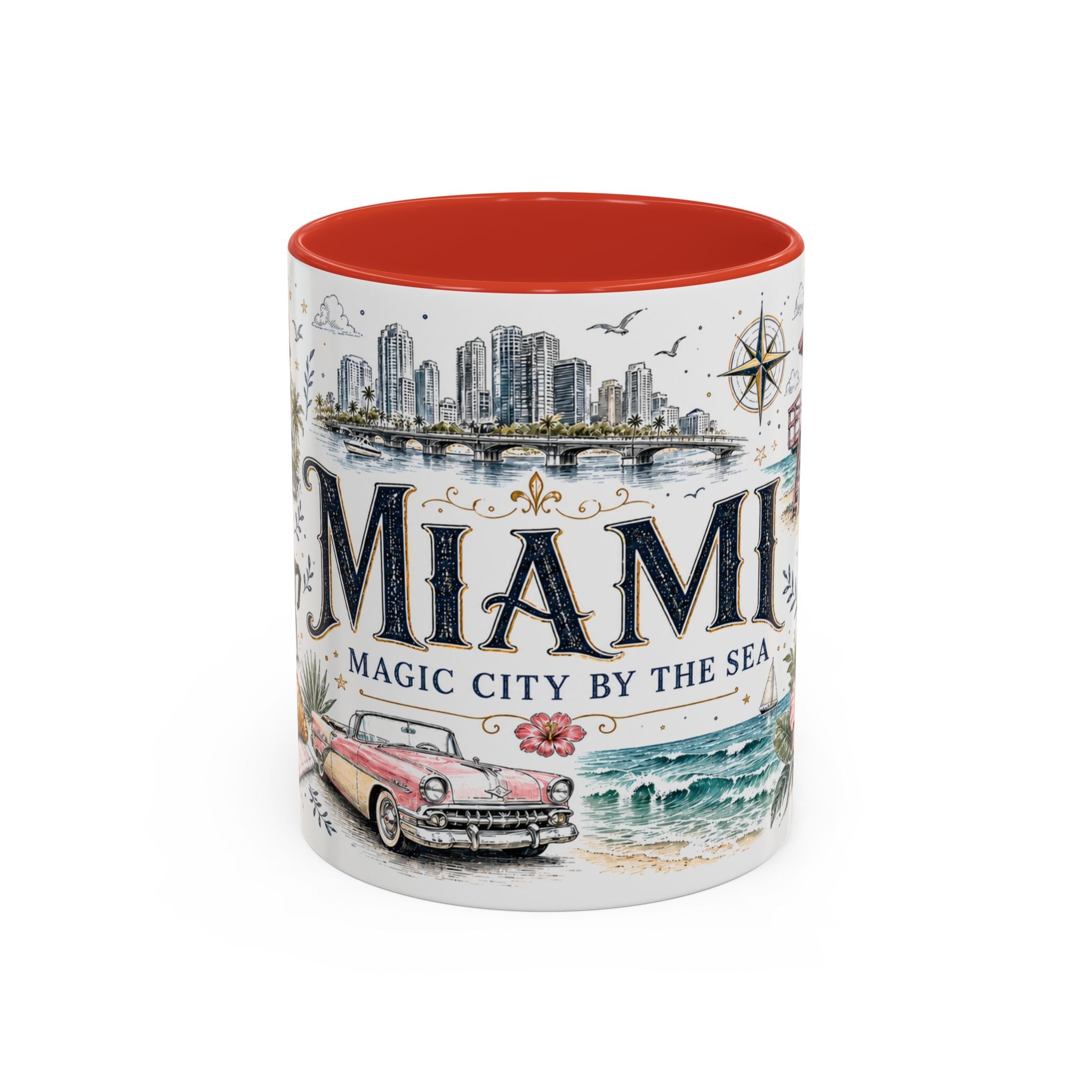 Miami Coffee Mug | United States Travel Souvenir | Vintage Illustrated City Gift | 11 oz 15 oz Accent Mug