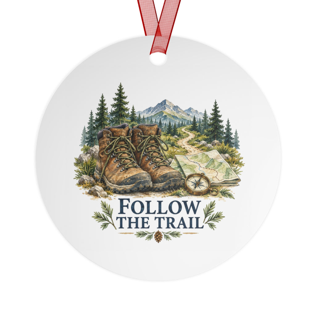 Back view of a round aluminum ornament with hiking artwork.
