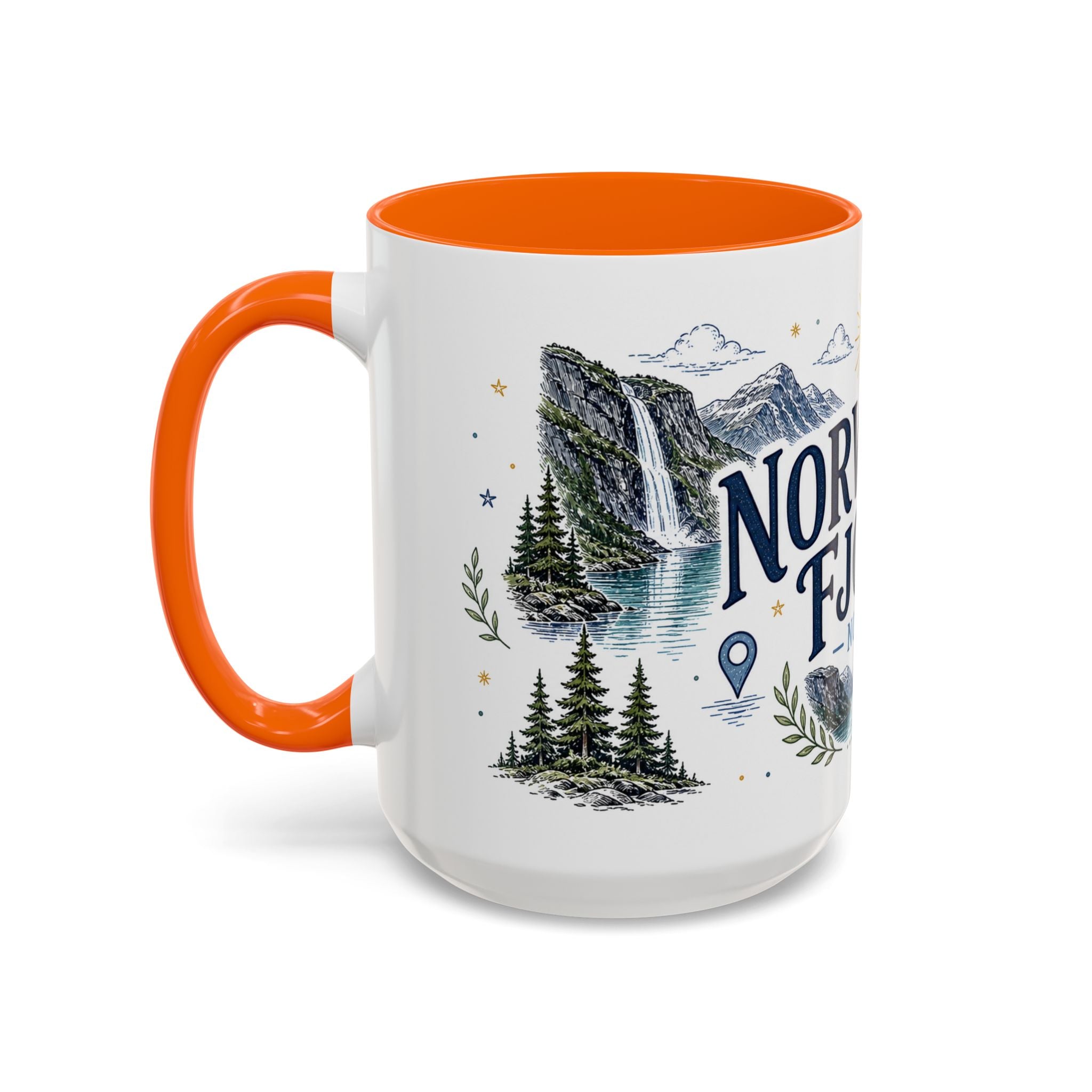 Norwegian Fjords Coffee Mug | Travel Destination Souvenir Gift | Accent Color Ceramic 11oz 15oz