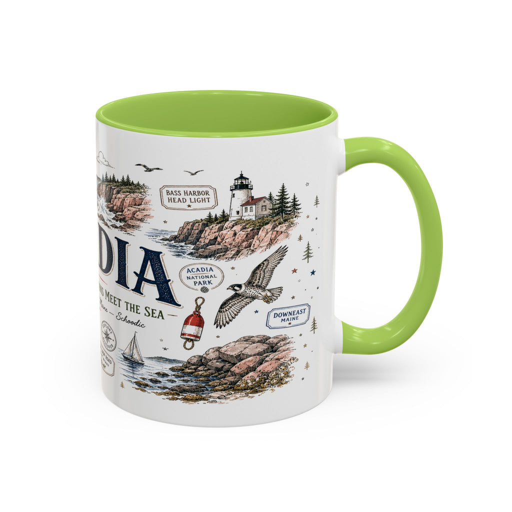 Acadia Coffee Mug | National Park Hiking Coastal Gift | Accent Color Ceramic 11oz 15oz