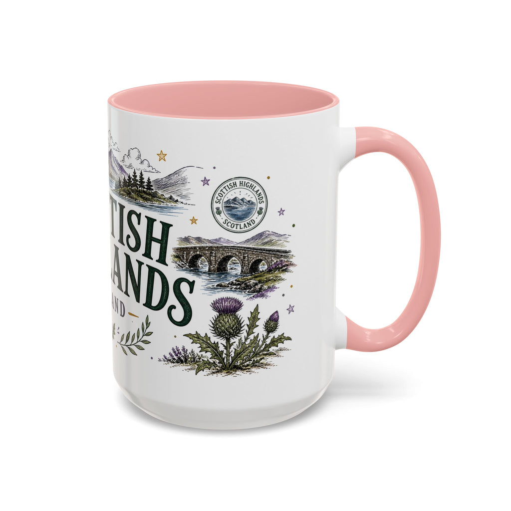 Scottish Highlands Coffee Mug | Travel Destination Souvenir Gift | Accent Color Ceramic 11oz 15oz