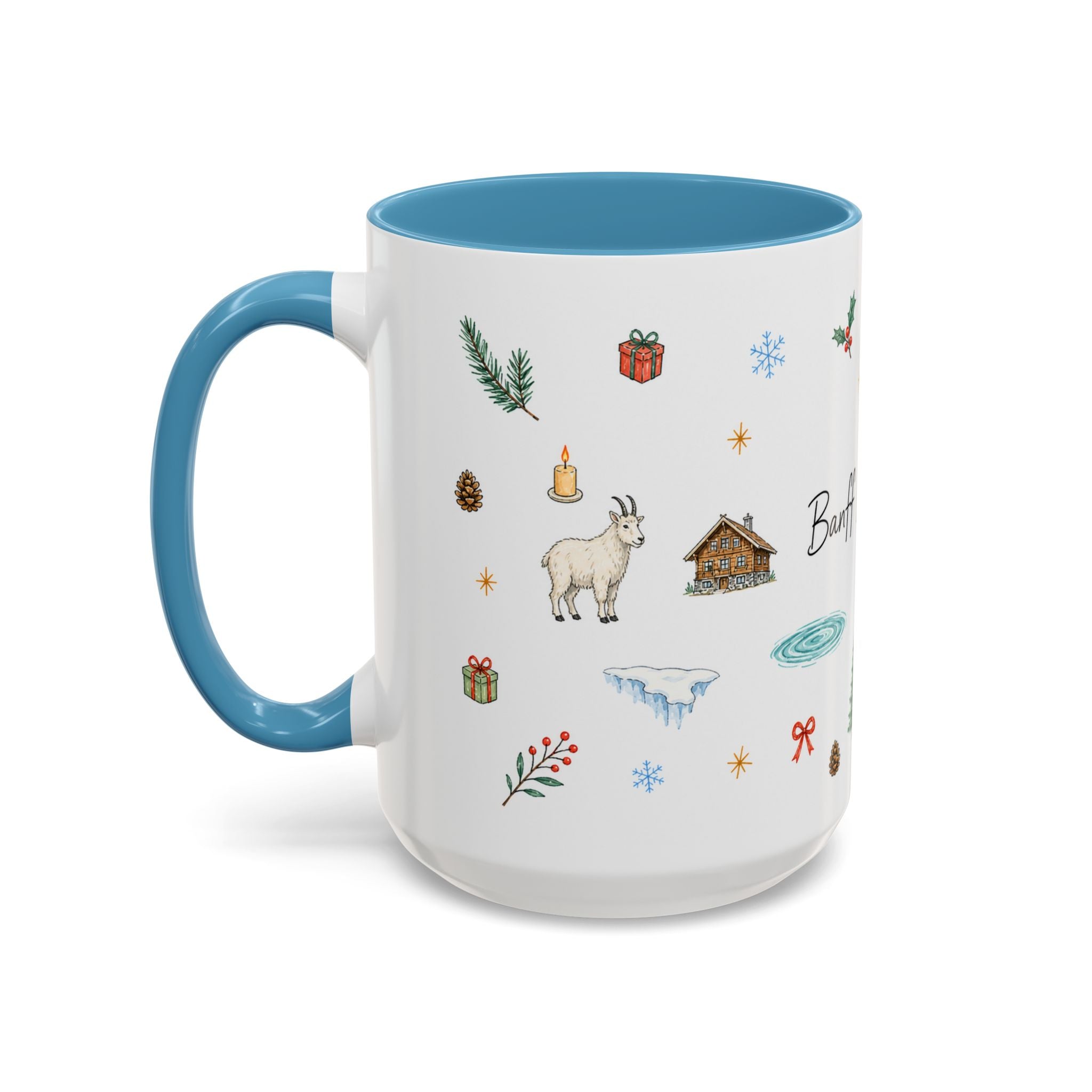 Banff Lake Louise Christmas Mug | Watercolor Travel Souvenir | Holiday Gift | Accent Ceramic Coffee Cup 11oz 15oz