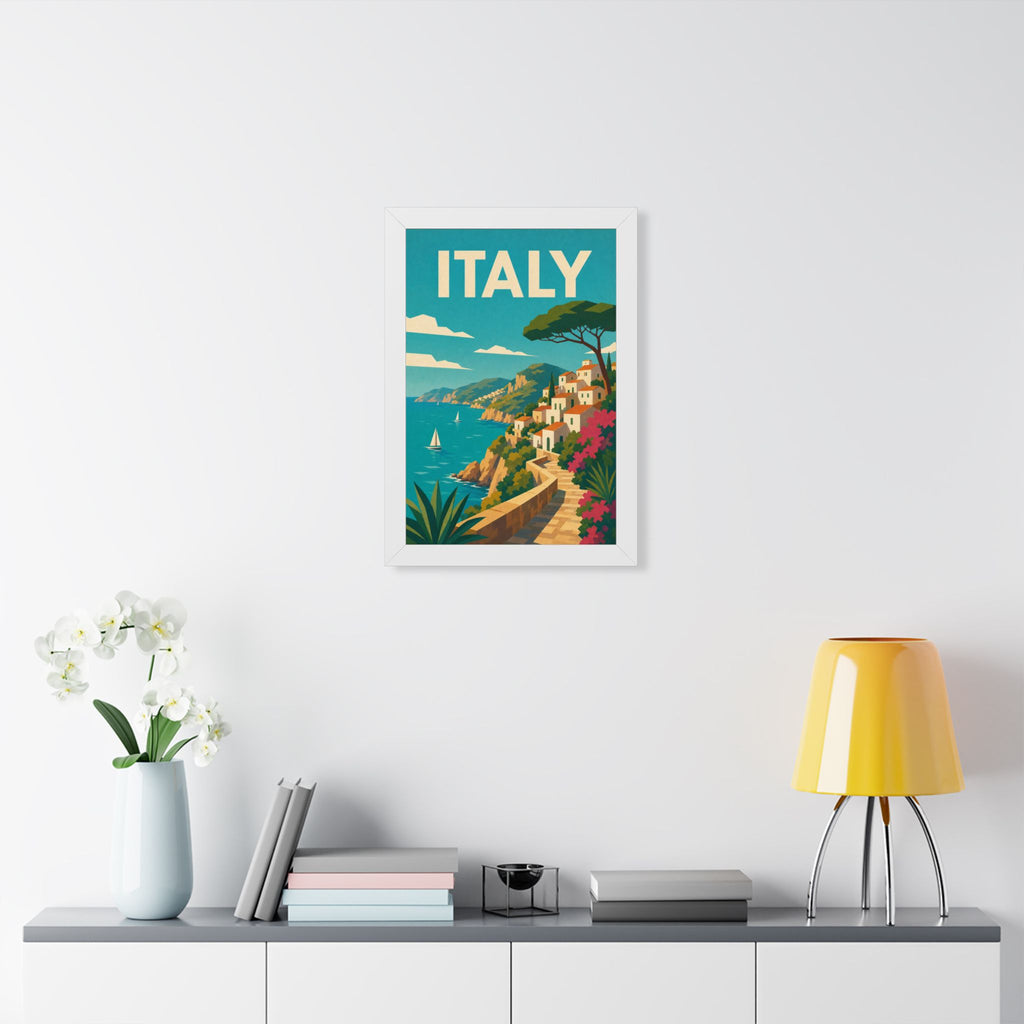 Italian Cliffside Coast Italy Framed Poster | Vintage Travel Wall Art | Black Walnut White Frame | 16x24 20x30