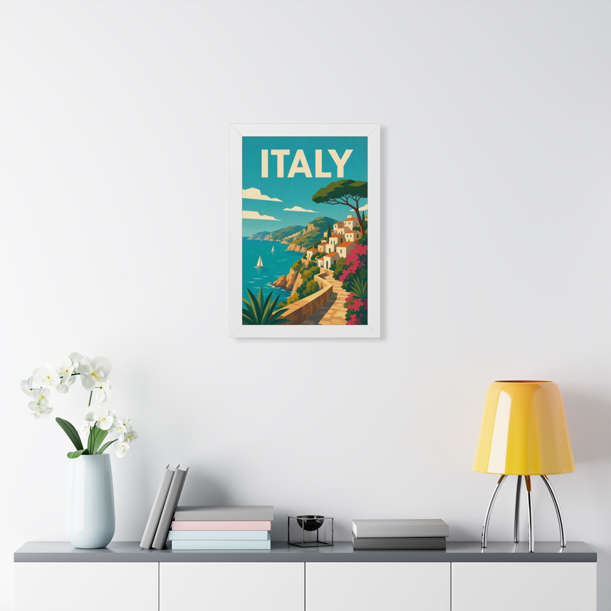 Italian Cliffside Coast Italy Framed Poster | Vintage Travel Wall Art | Black Walnut White Frame | 16x24 20x30