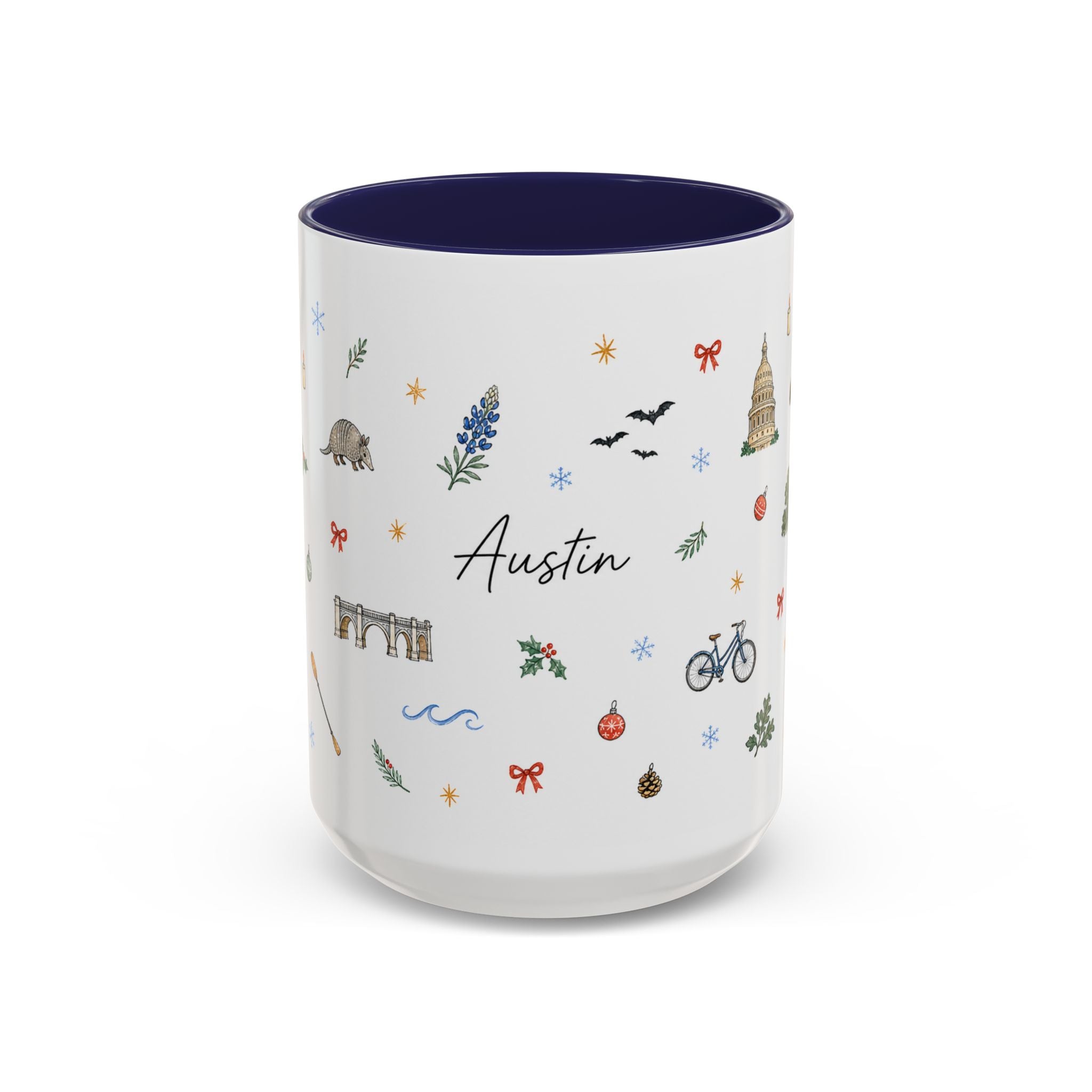 Austin Christmas Mug | Watercolor Travel Souvenir | Holiday Gift | Accent Ceramic Coffee Cup 11oz 15oz