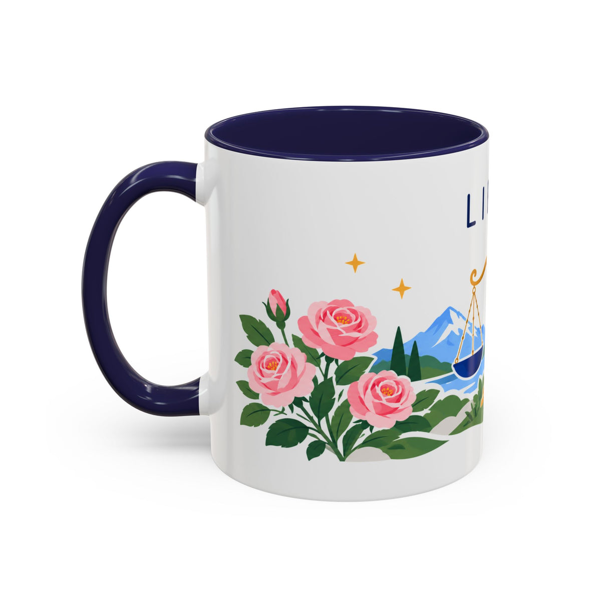 Libra Zodiac Coffee Mug | Scales and Rose Design | Astrology Birthday Gift | 11 oz 15 oz Ceramic Accent Mug