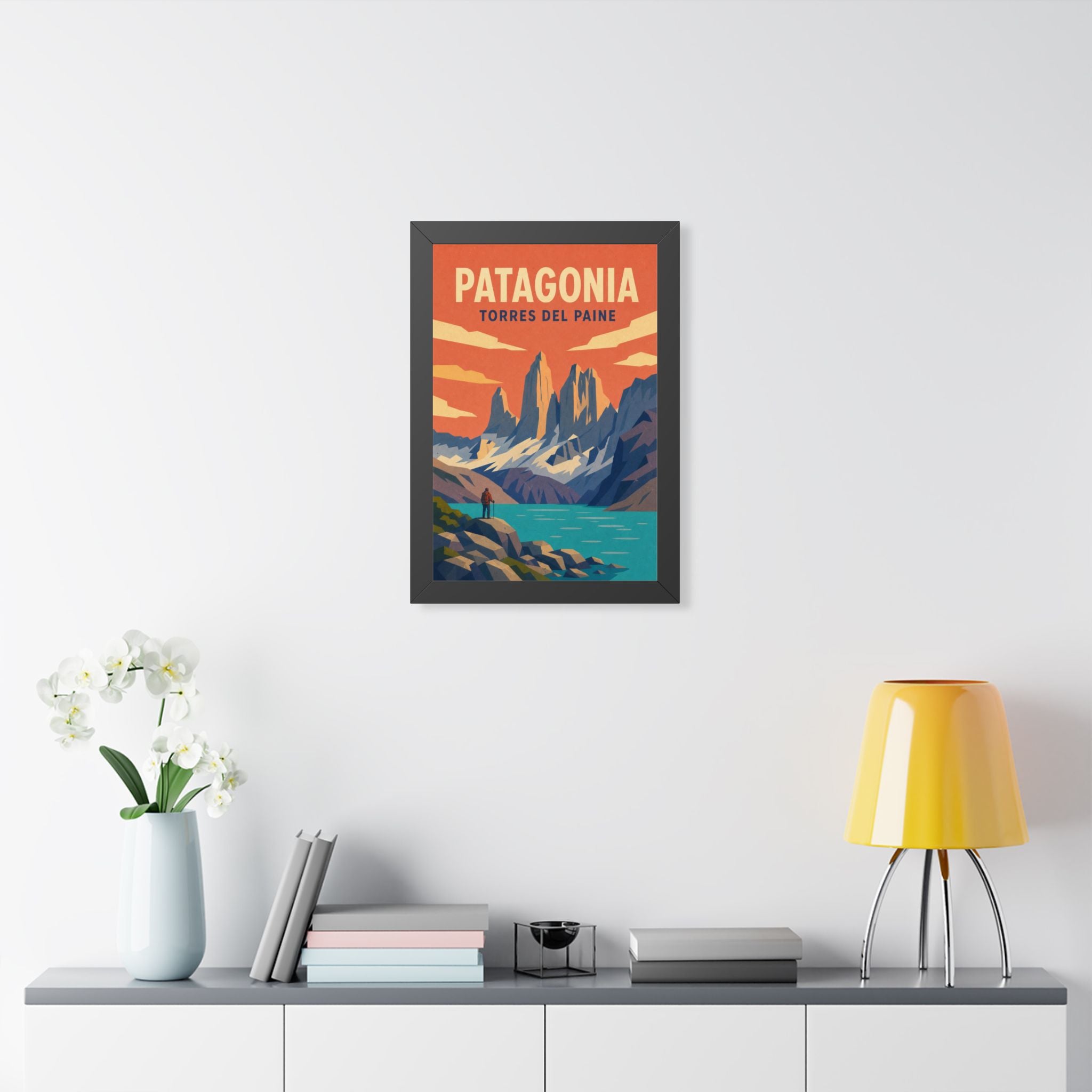 Torres del Paine Chile Framed Poster | Vintage Travel Wall Art | Black Walnut White Frame | 16x24 20x30