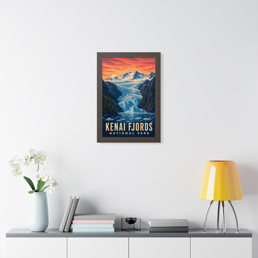 Kenai Fjords National Park Framed Poster | Vintage Travel Wall Art | Black Walnut White Frame | 16x24 20x30