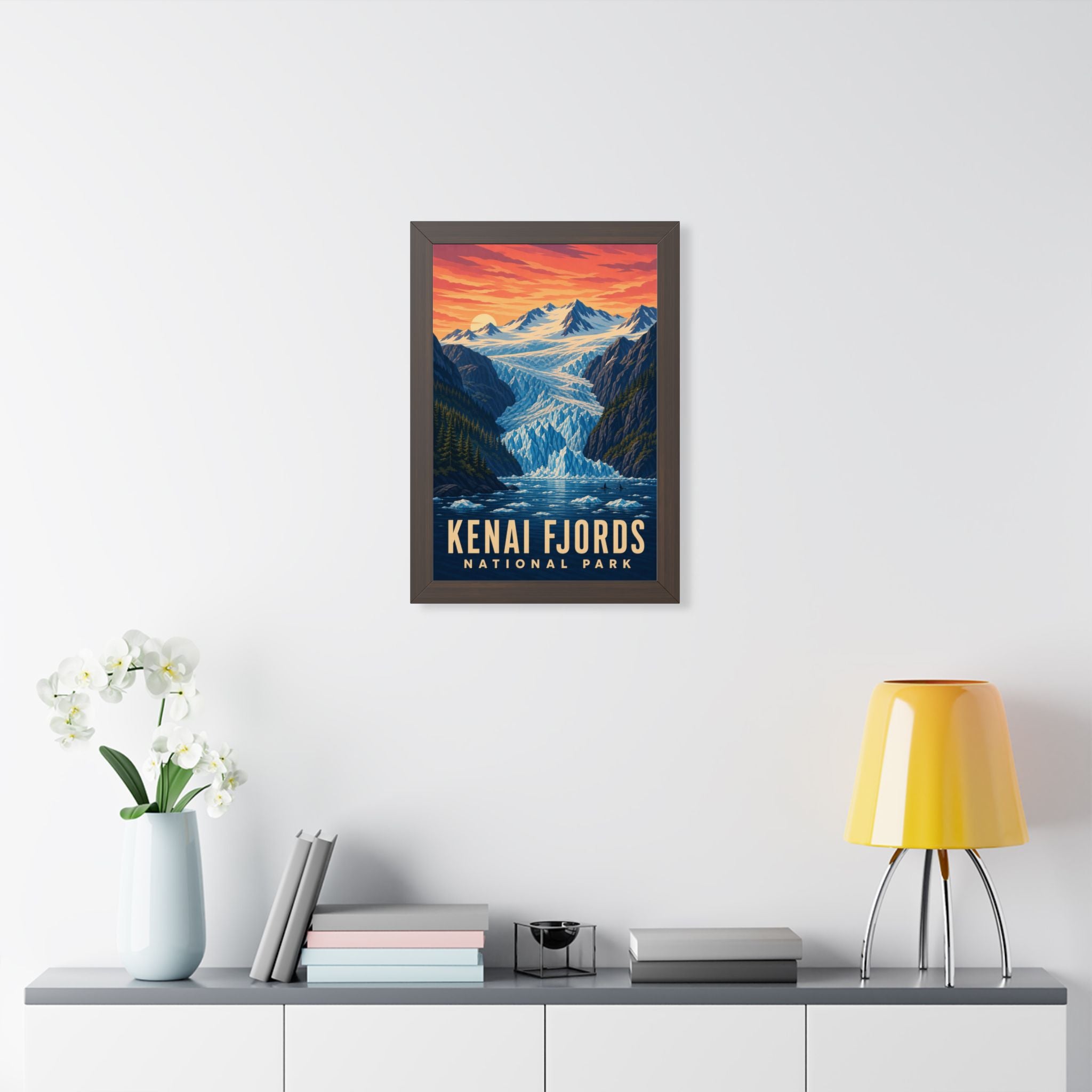 Kenai Fjords National Park Framed Poster | Vintage Travel Wall Art | Black Walnut White Frame | 16x24 20x30