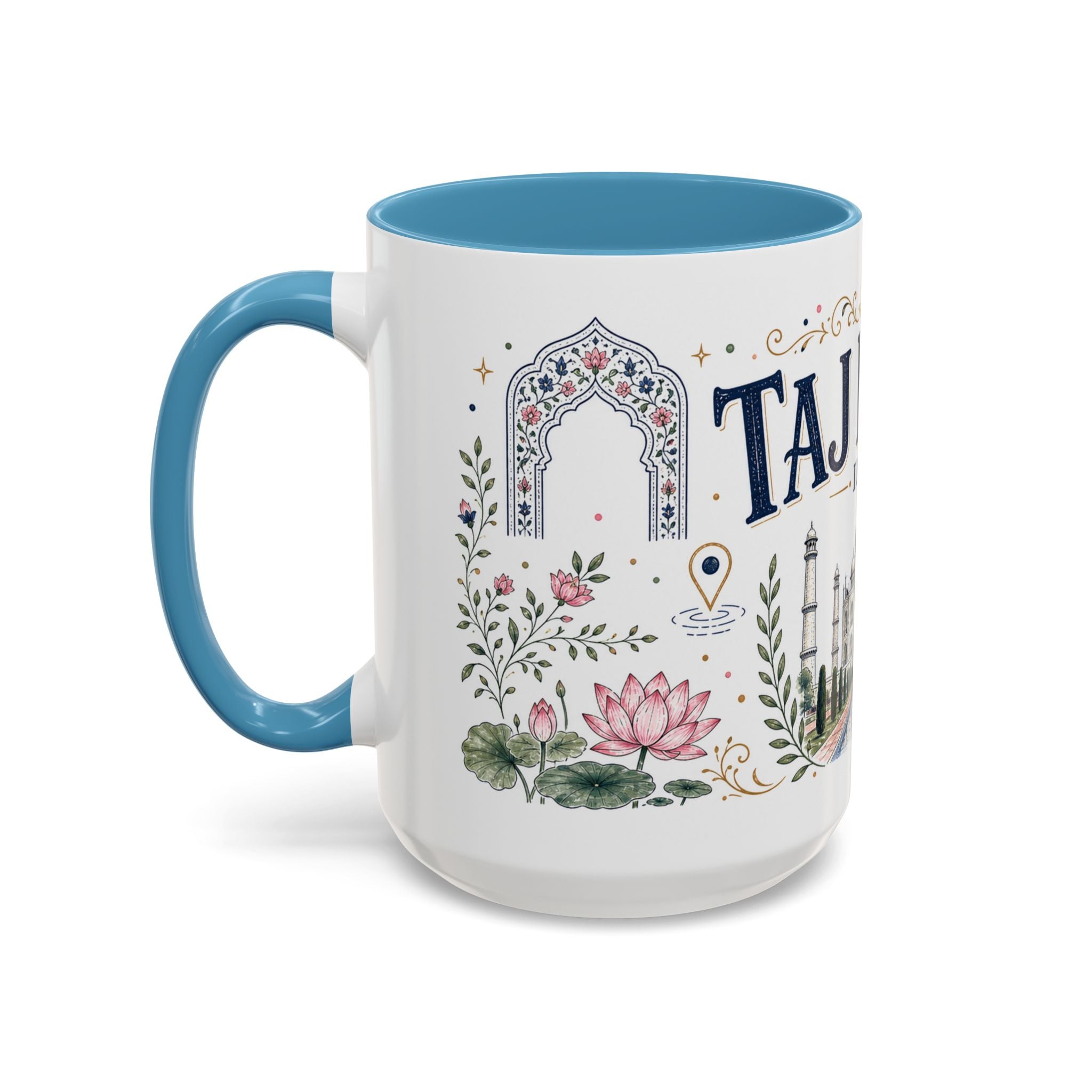 Taj Mahal Coffee Mug | Travel Destination Souvenir Gift | Accent Color Ceramic 11oz 15oz