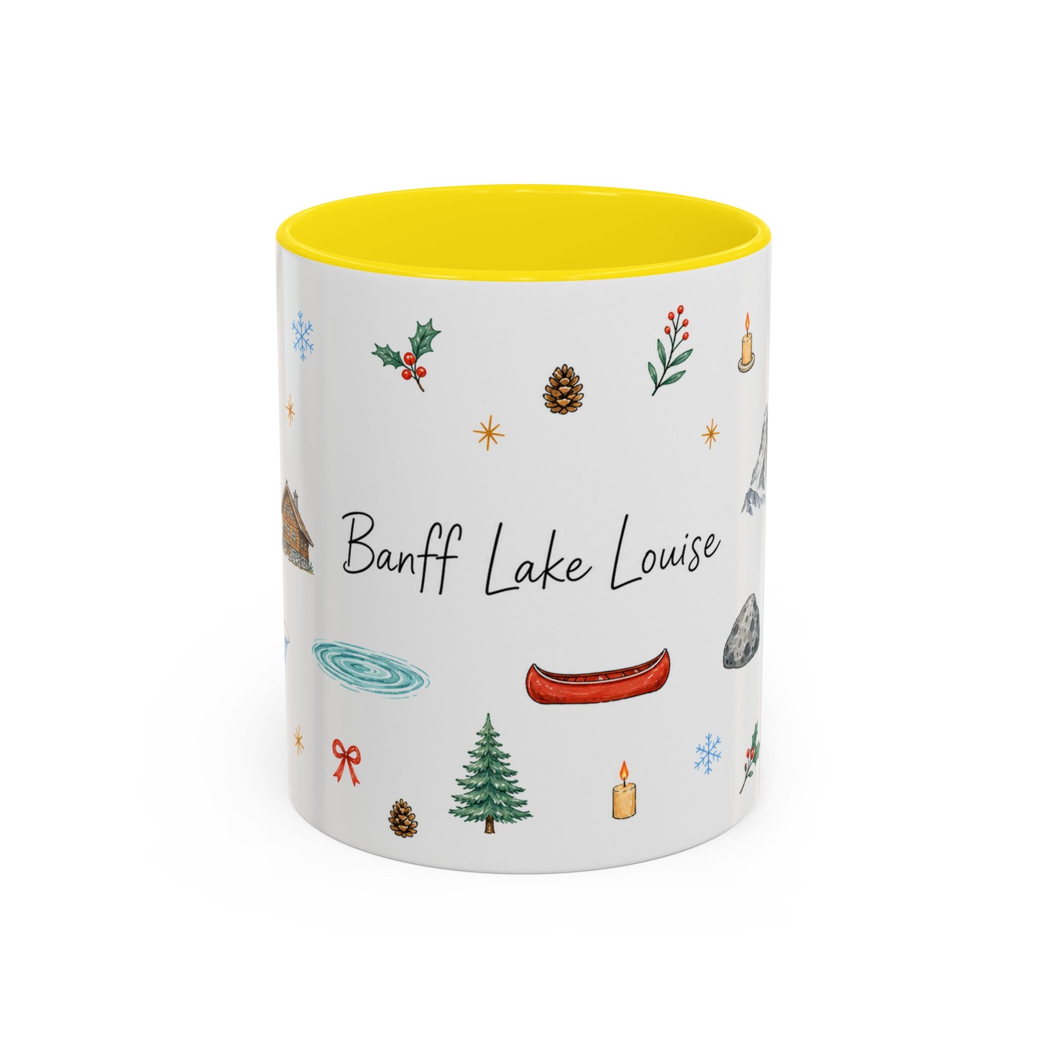 Banff Lake Louise Christmas Mug | Watercolor Travel Souvenir | Holiday Gift | Accent Ceramic Coffee Cup 11oz 15oz