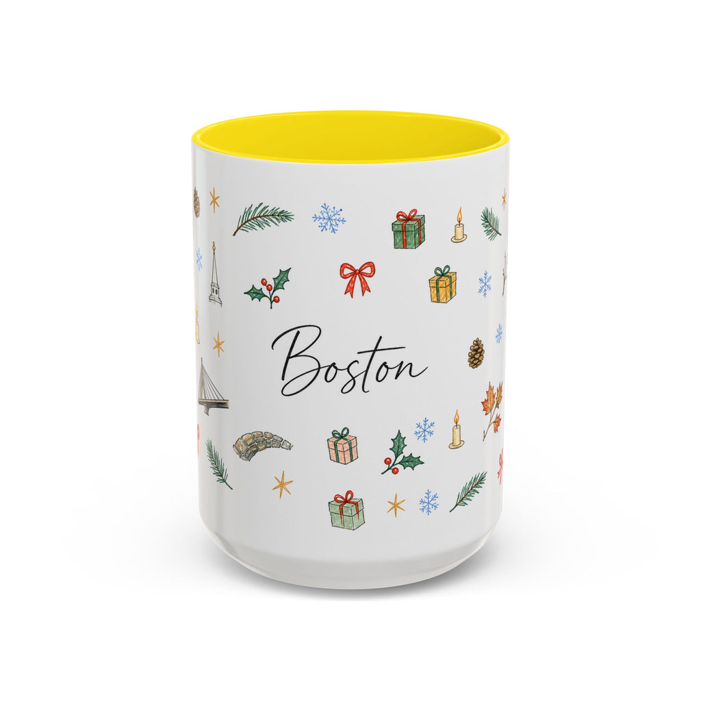 Boston Christmas Mug | Watercolor Travel Souvenir | Holiday Gift | Accent Ceramic Coffee Cup 11oz 15oz