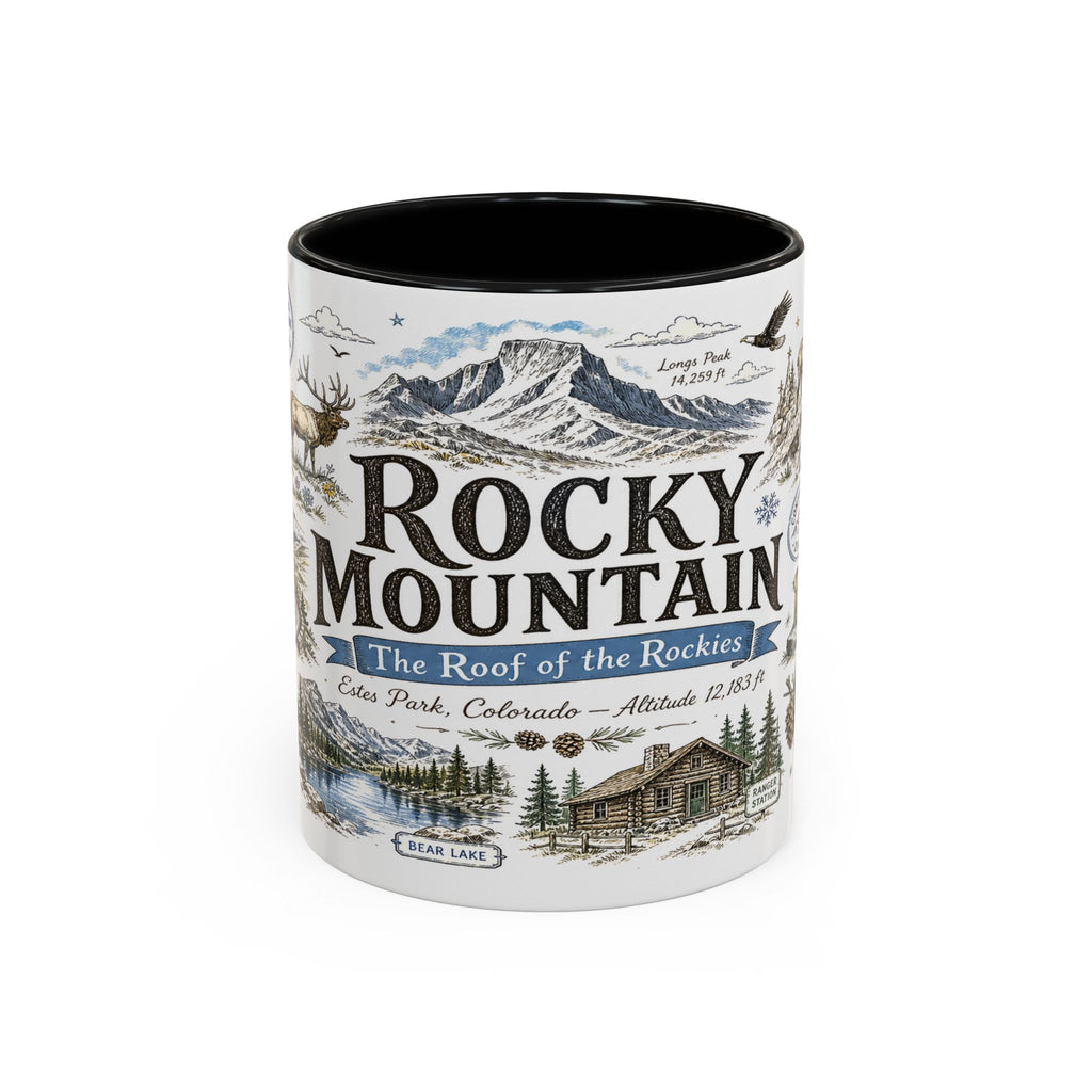 Rocky Mountain Coffee Mug | National Park Hiking Camping Gift | Accent Color Ceramic 11oz 15oz