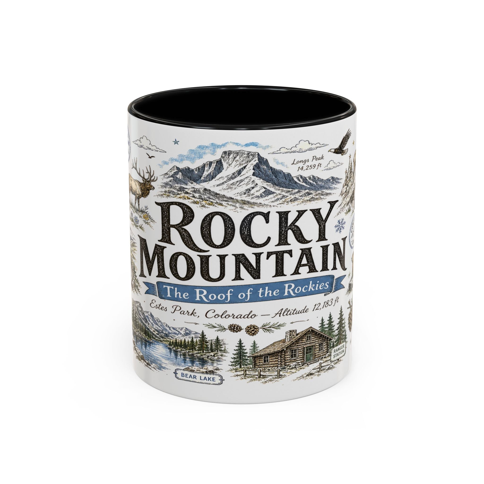 Rocky Mountain Coffee Mug | National Park Hiking Camping Gift | Accent Color Ceramic 11oz 15oz