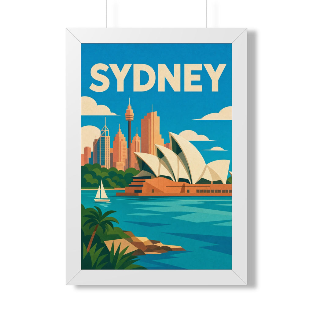 Sydney Opera House Australia Framed Poster | Vintage Travel Wall Art | Black Walnut White Frame | 16x24 20x30